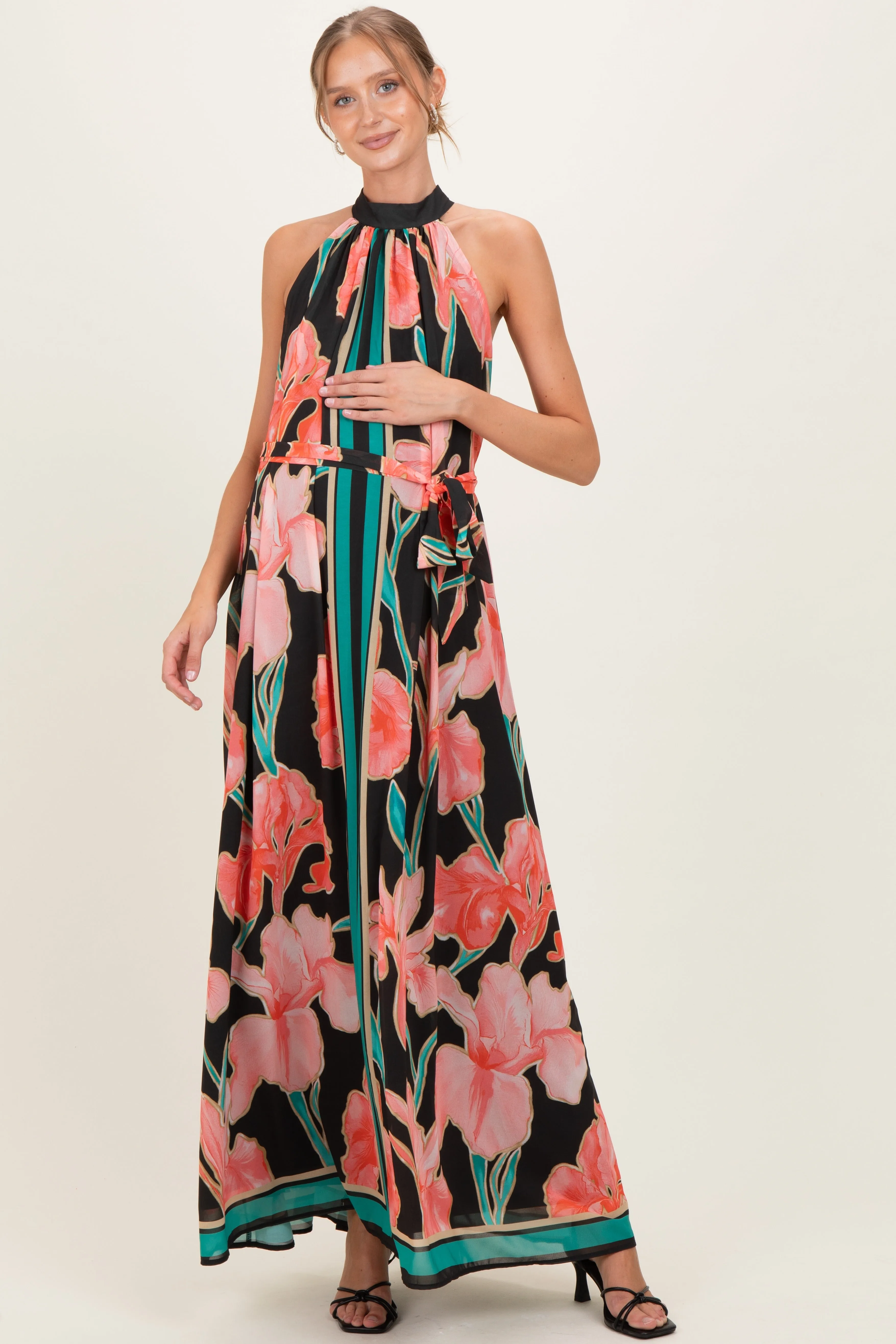 Black Floral Halter Maternity Maxi Dress sold by Pinkblush