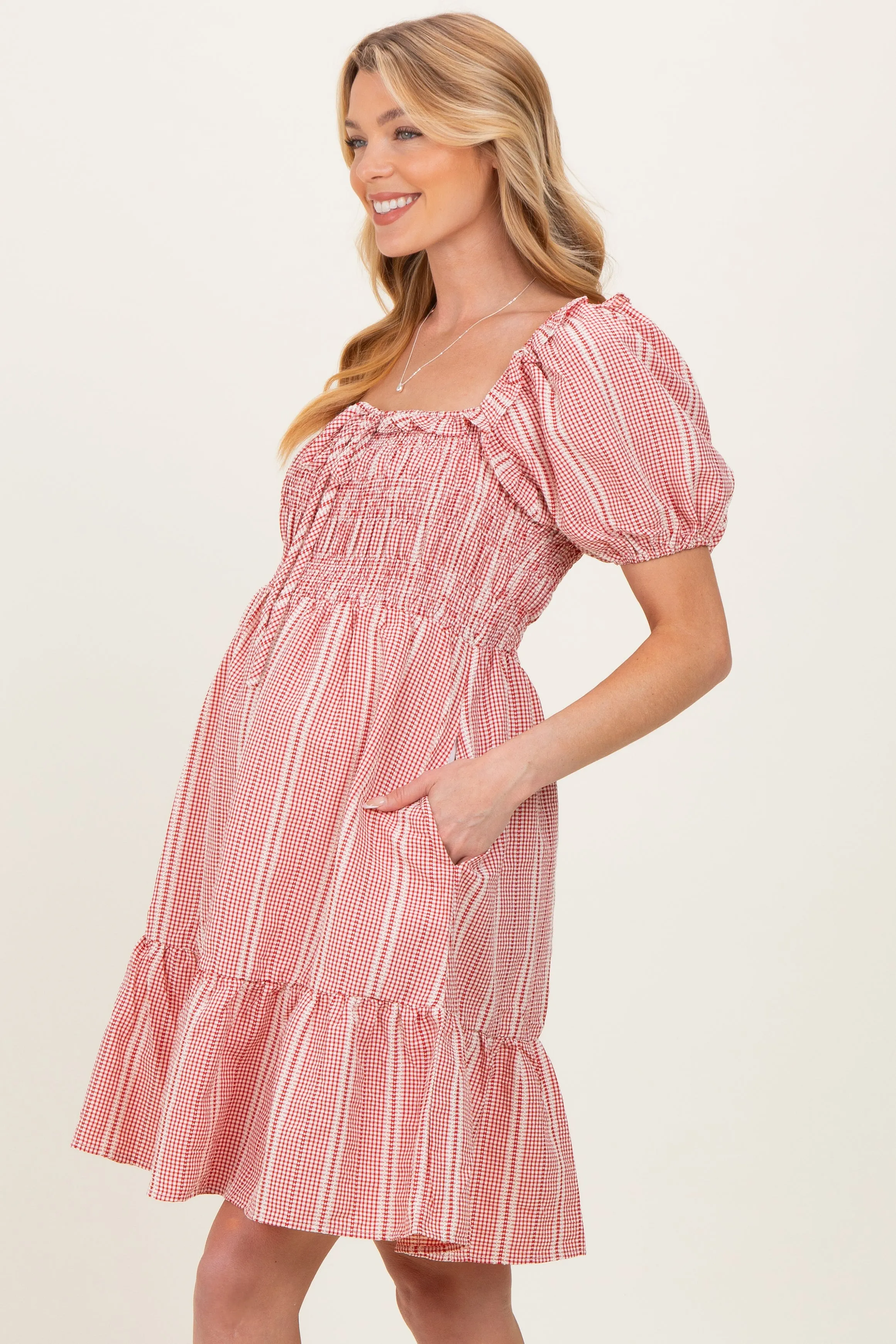 Red Gingham Smocked Ruffled Puff Sleeve Maternity Dress sold by Pinkblush product image thumbnail 3