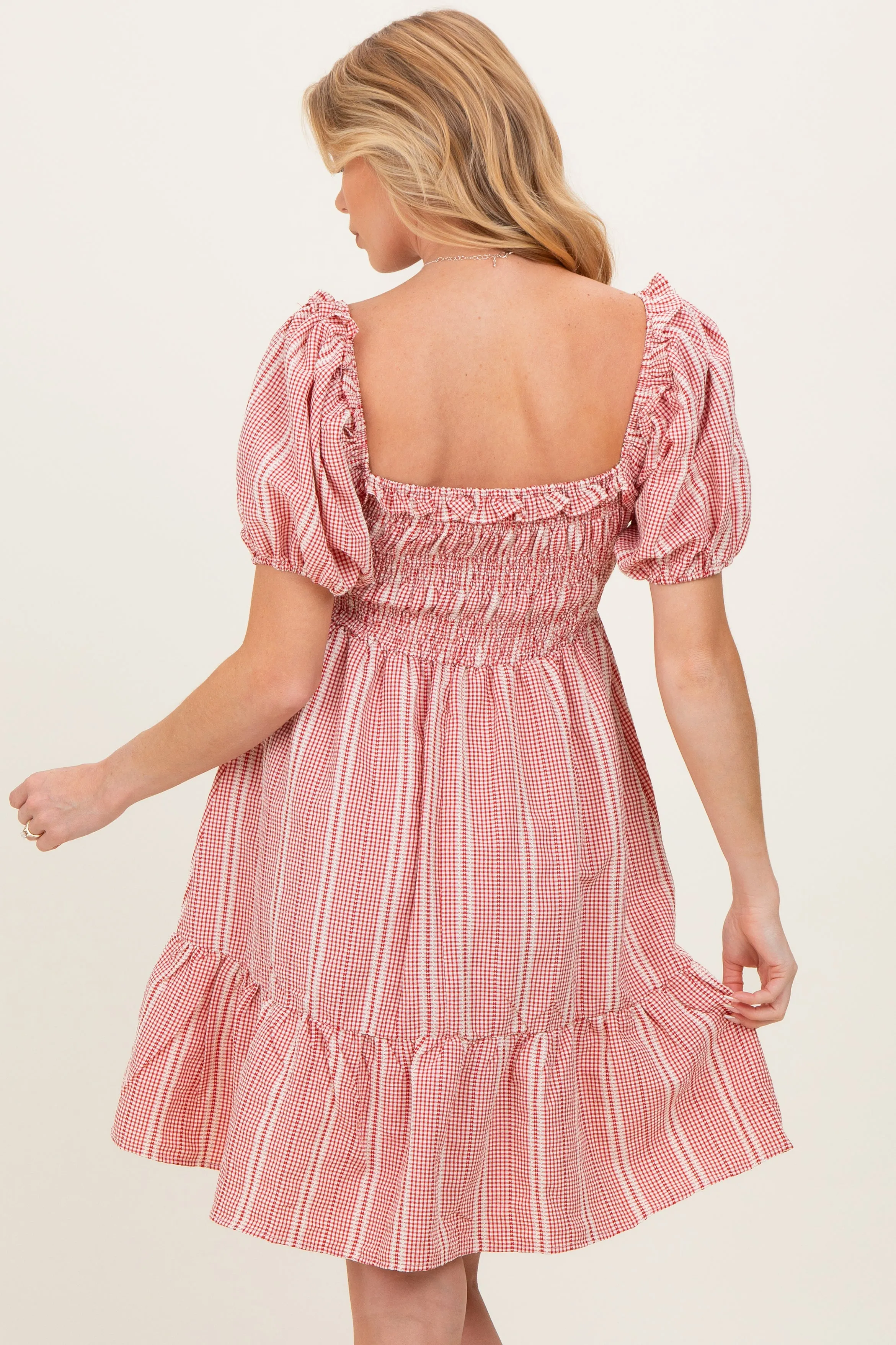 Red Gingham Smocked Ruffled Puff Sleeve Maternity Dress sold by Pinkblush product image thumbnail 4