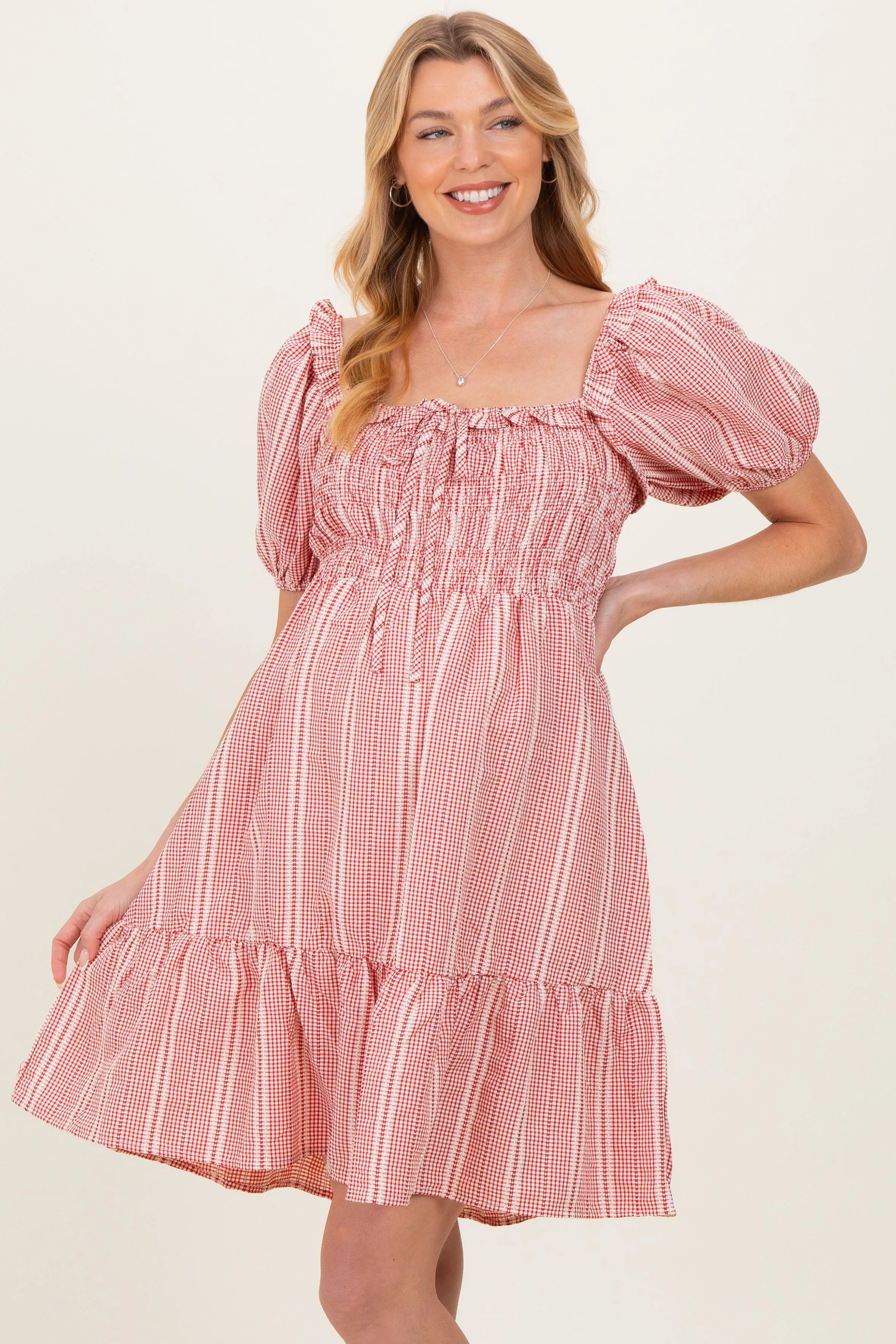 Red Gingham Smocked Ruffled Puff Sleeve Maternity Dress sold by Pinkblush product image thumbnail 2