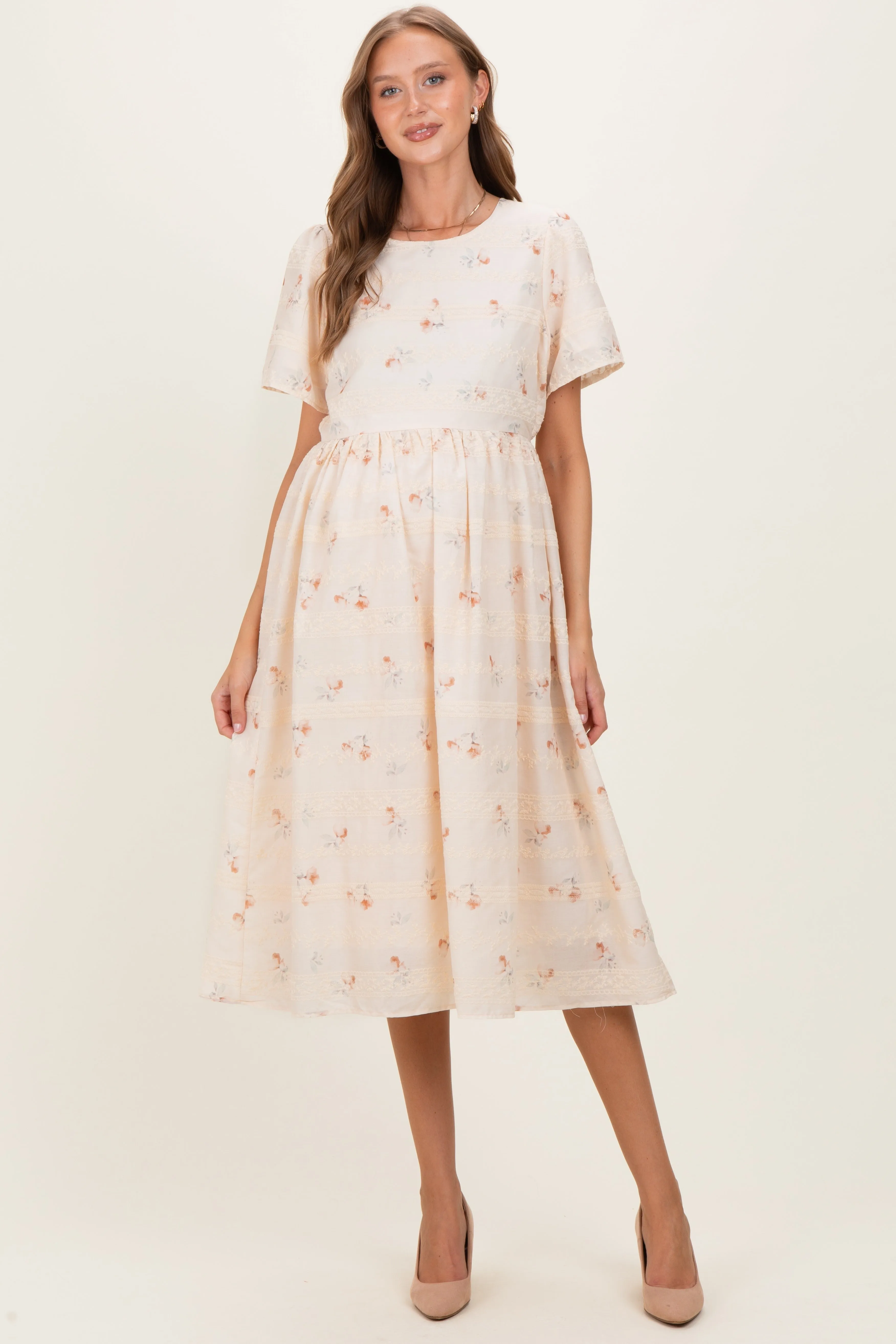 Beige Floral Embroidered Short Sleeve Maternity Midi Dress sold by Pinkblush