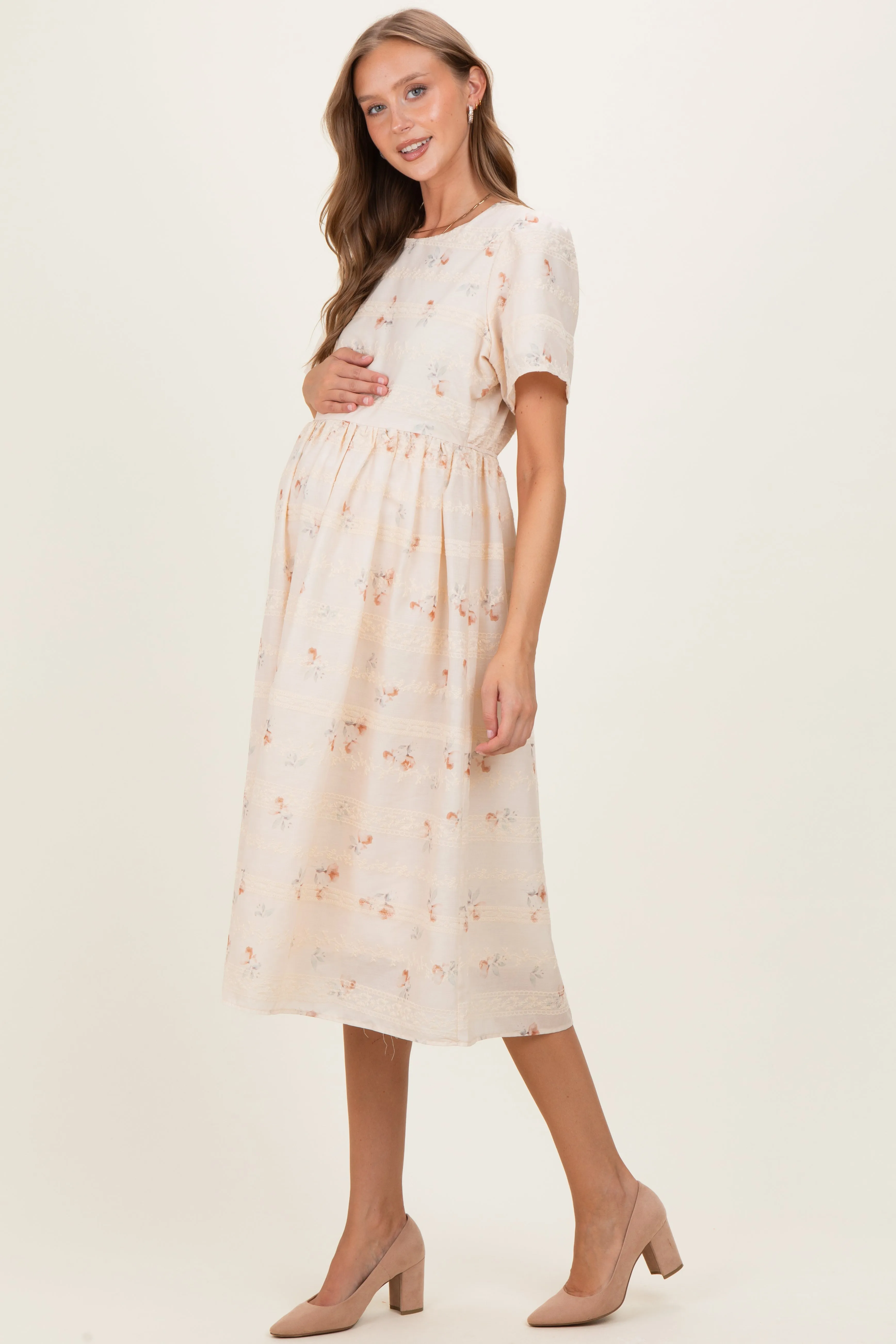 Beige Floral Embroidered Short Sleeve Maternity Midi Dress sold by Pinkblush product image thumbnail 2