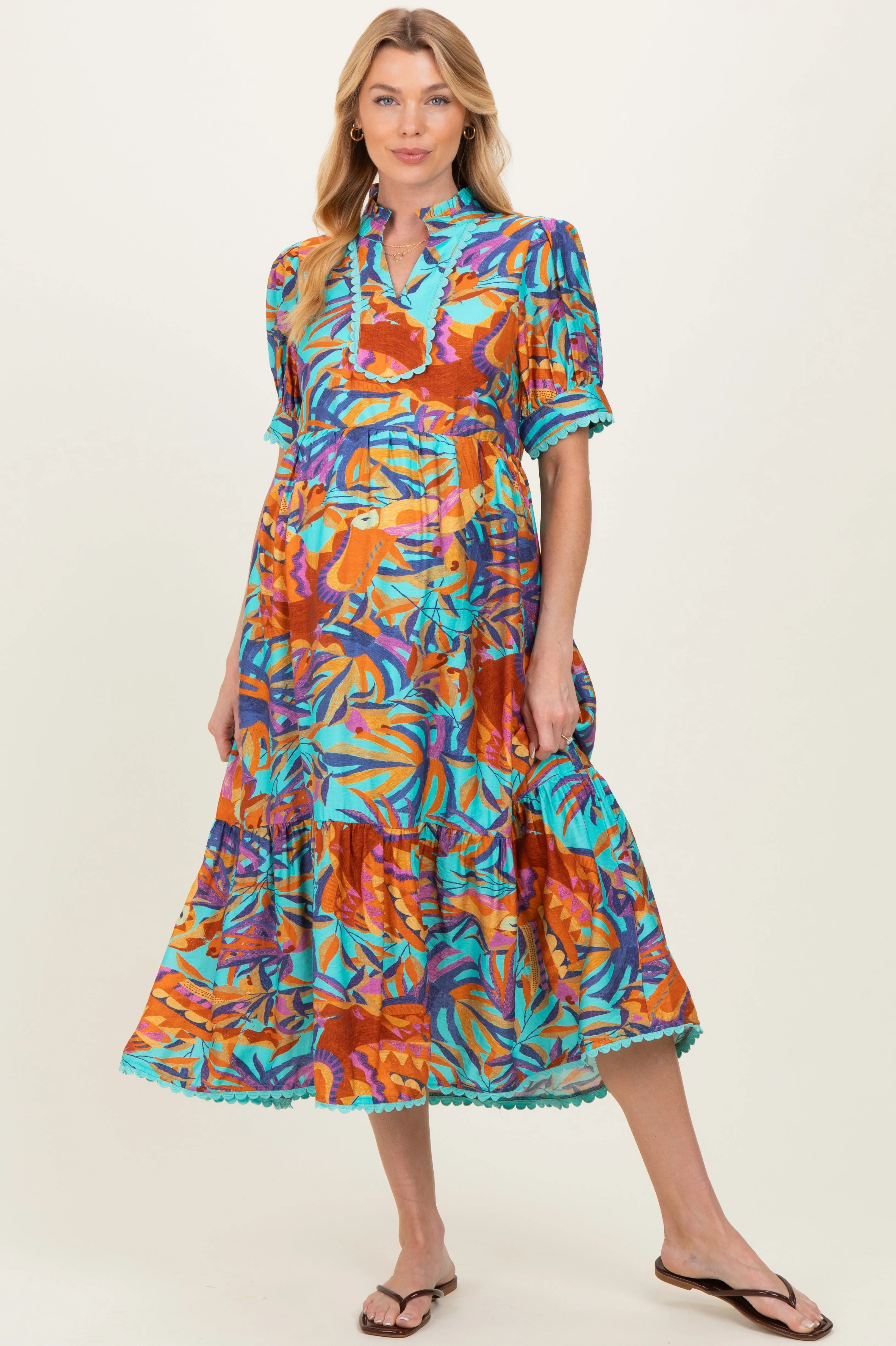 Aqua Mix Leaf Print Pocketed Maternity Midi Dress sold by Pinkblush
