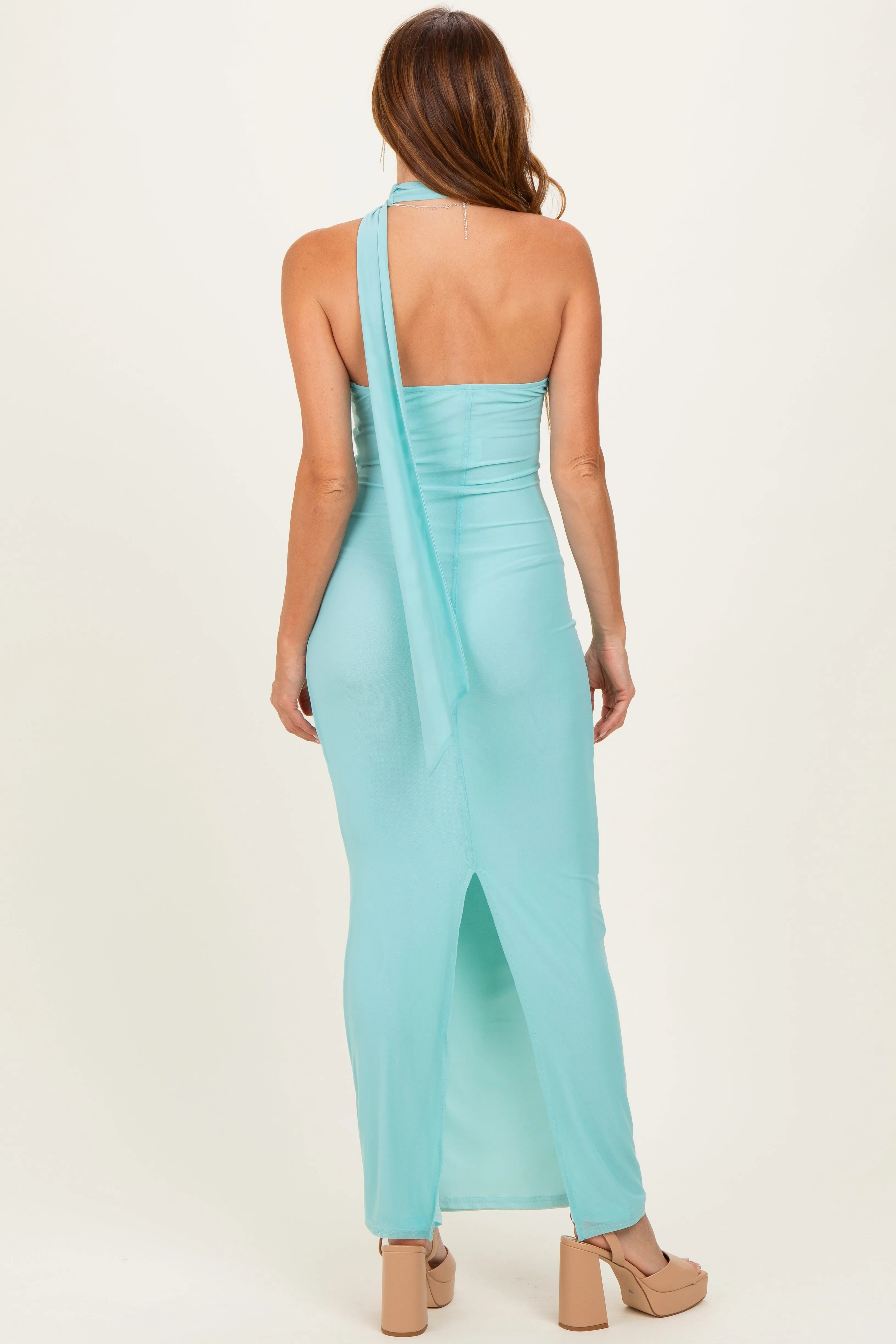 Mint Green Mesh Overlay Halter Maxi Dress sold by Pinkblush product image thumbnail 3