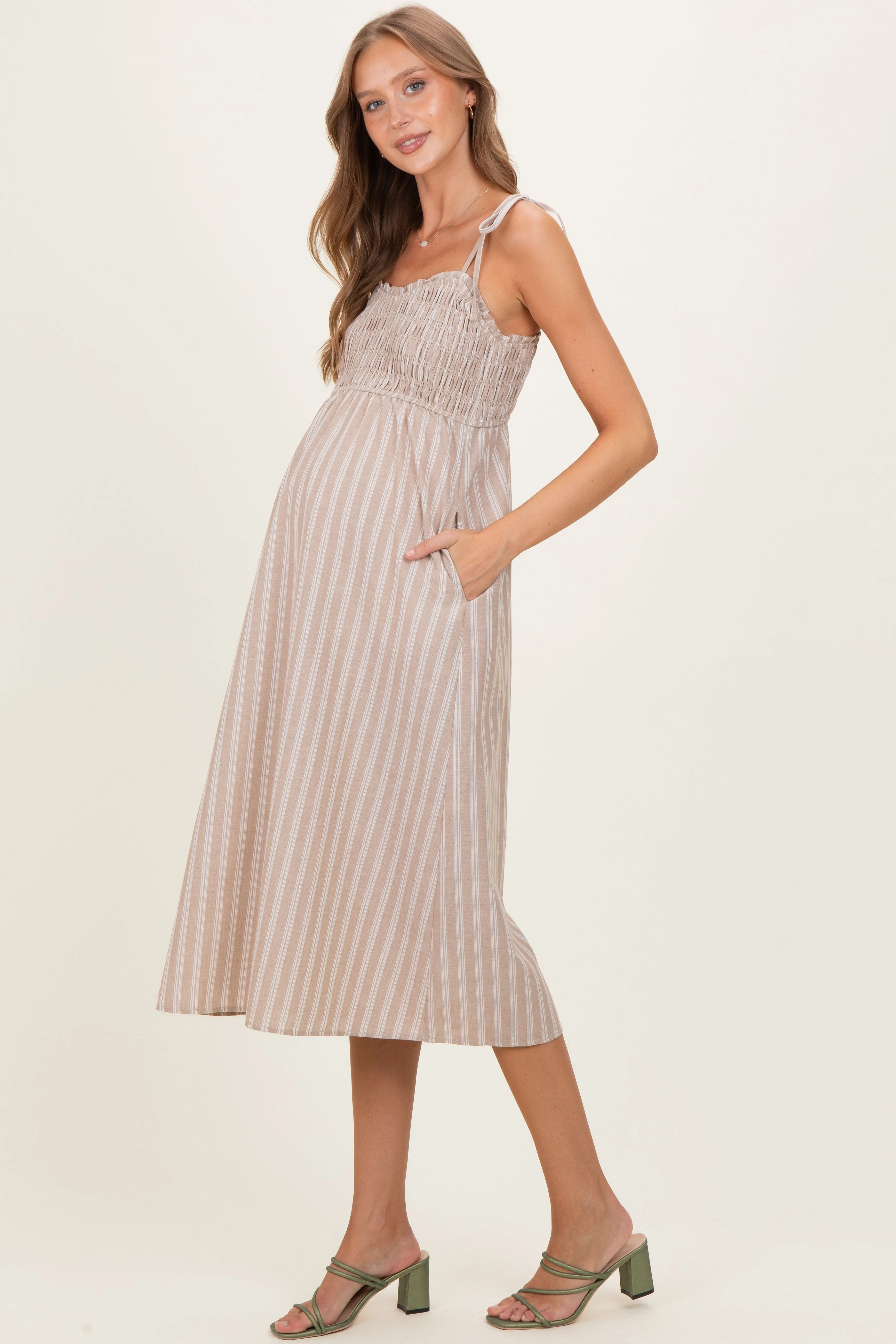 Mocha Striped Smocked Shoulder Tie Maternity Midi Dress sold by Pinkblush product image thumbnail 2