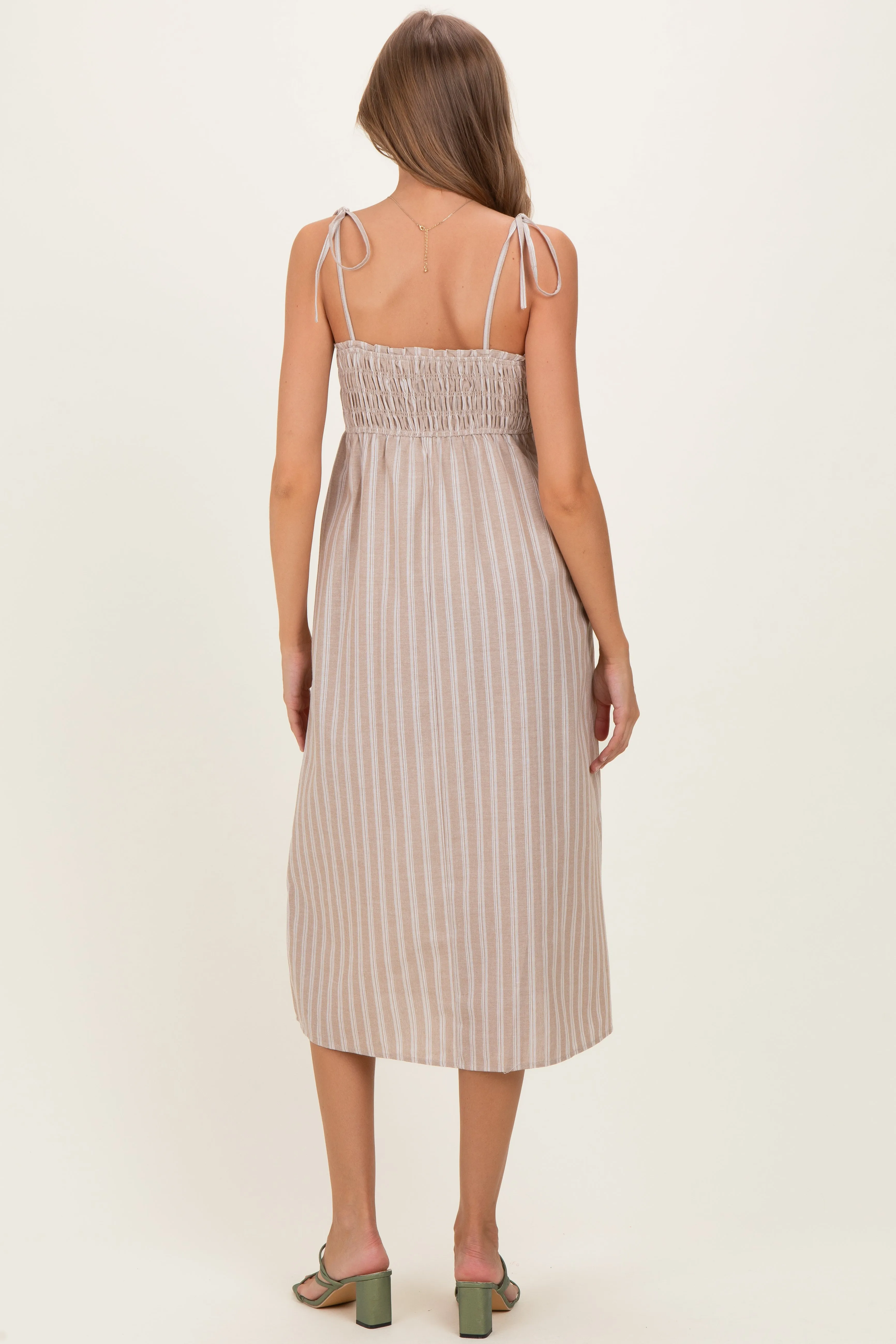 Mocha Striped Smocked Shoulder Tie Maternity Midi Dress sold by Pinkblush product image thumbnail 3
