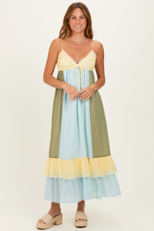 Light Blue Colorblock Tiered Ruffle Maxi Dress made by Lalavon