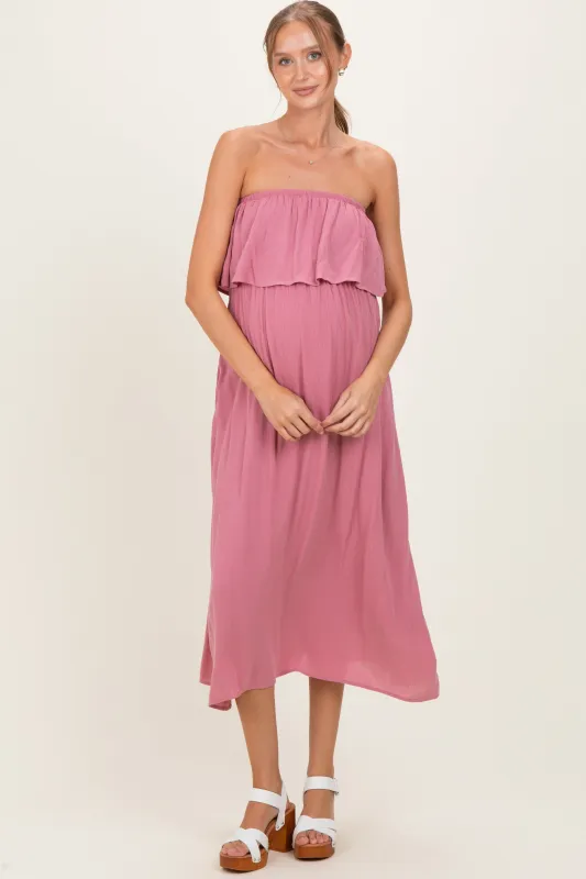 Light Rose Woven Crinkle Flounce Strapless Maternity Maxi Dress made by Zenana Outfitters
