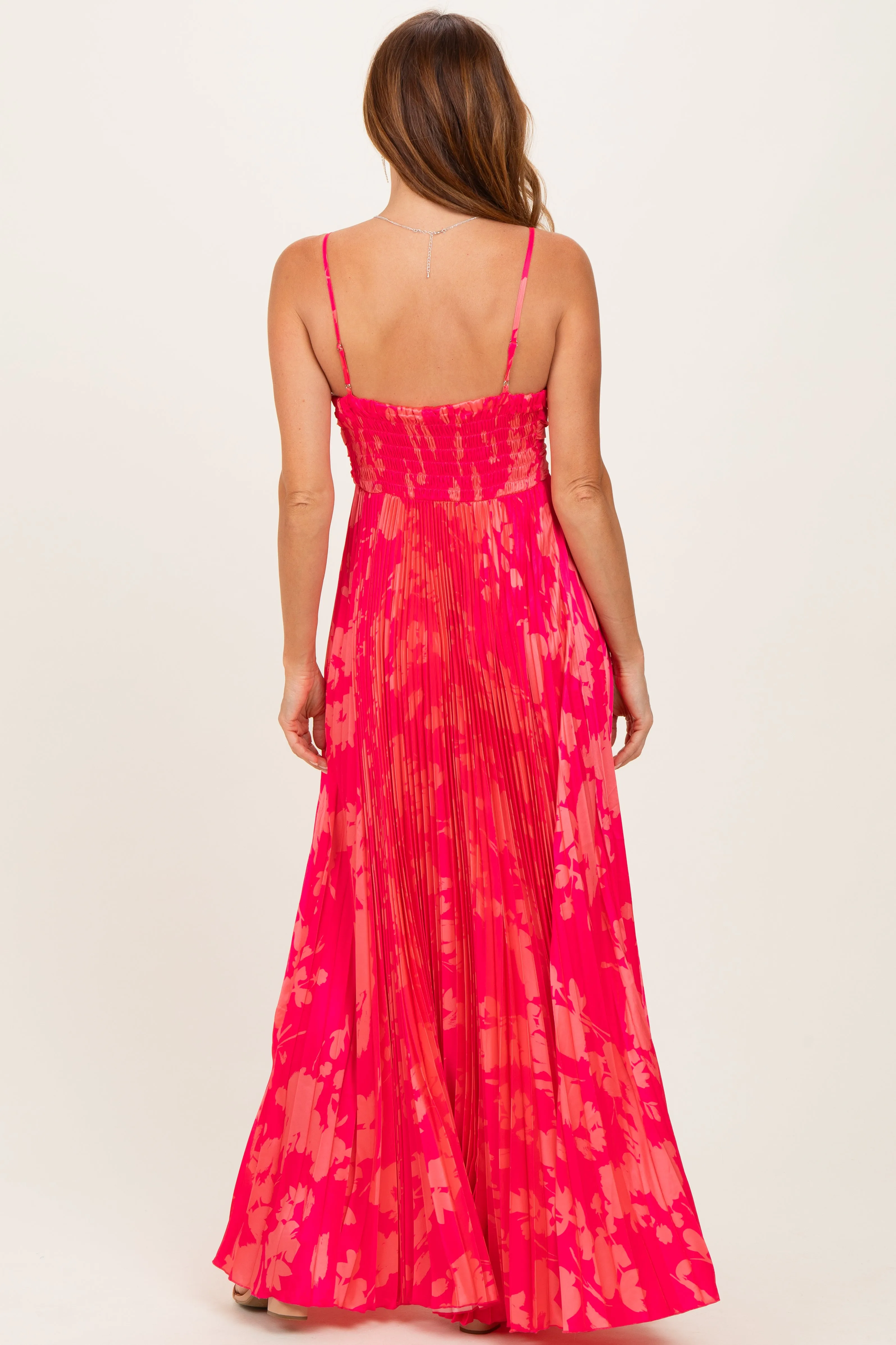 Fuchsia Floral Pleated Satin Maxi Dress sold by Pinkblush product image thumbnail 3