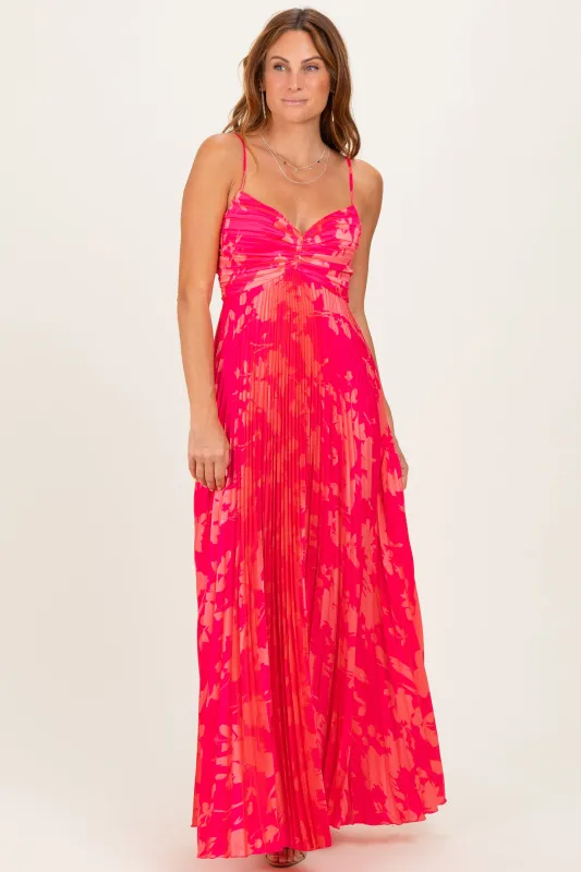 Fuchsia Floral Pleated Satin Maxi Dress made by Aakaa