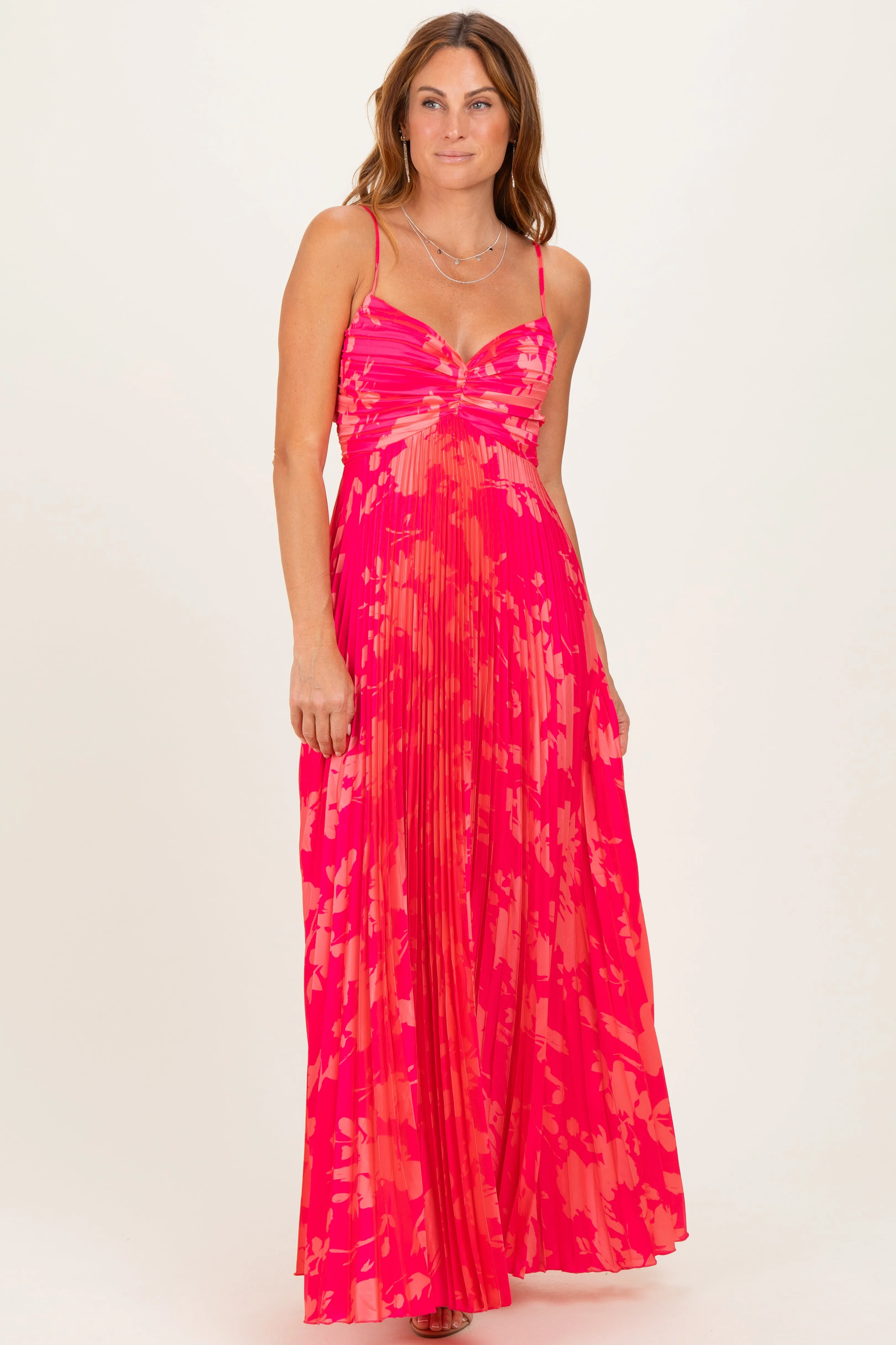 Fuchsia Floral Pleated Satin Maxi Dress sold by Pinkblush