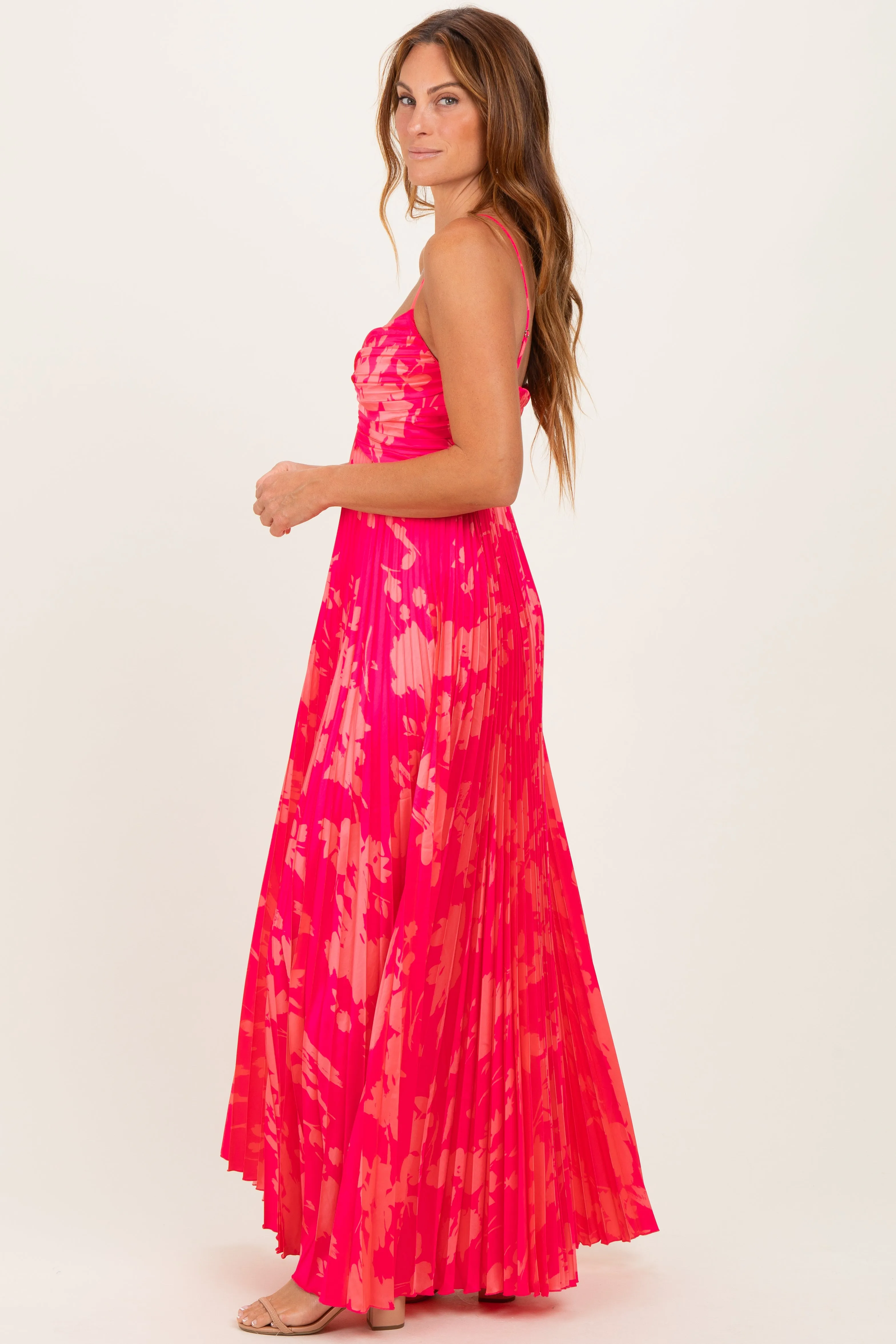 Fuchsia Floral Pleated Satin Maxi Dress sold by Pinkblush product image thumbnail 2