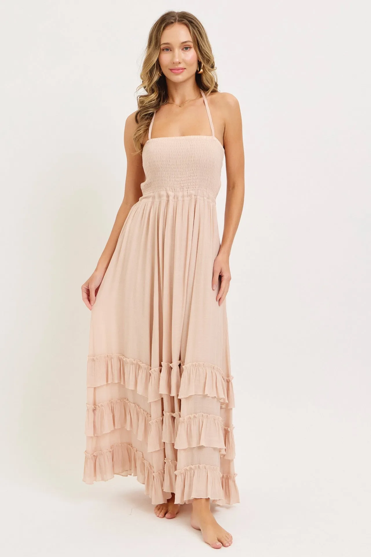 Blush Halter Smocked Ruffle Tier Hem Maxi Dress sold by Pinkblush