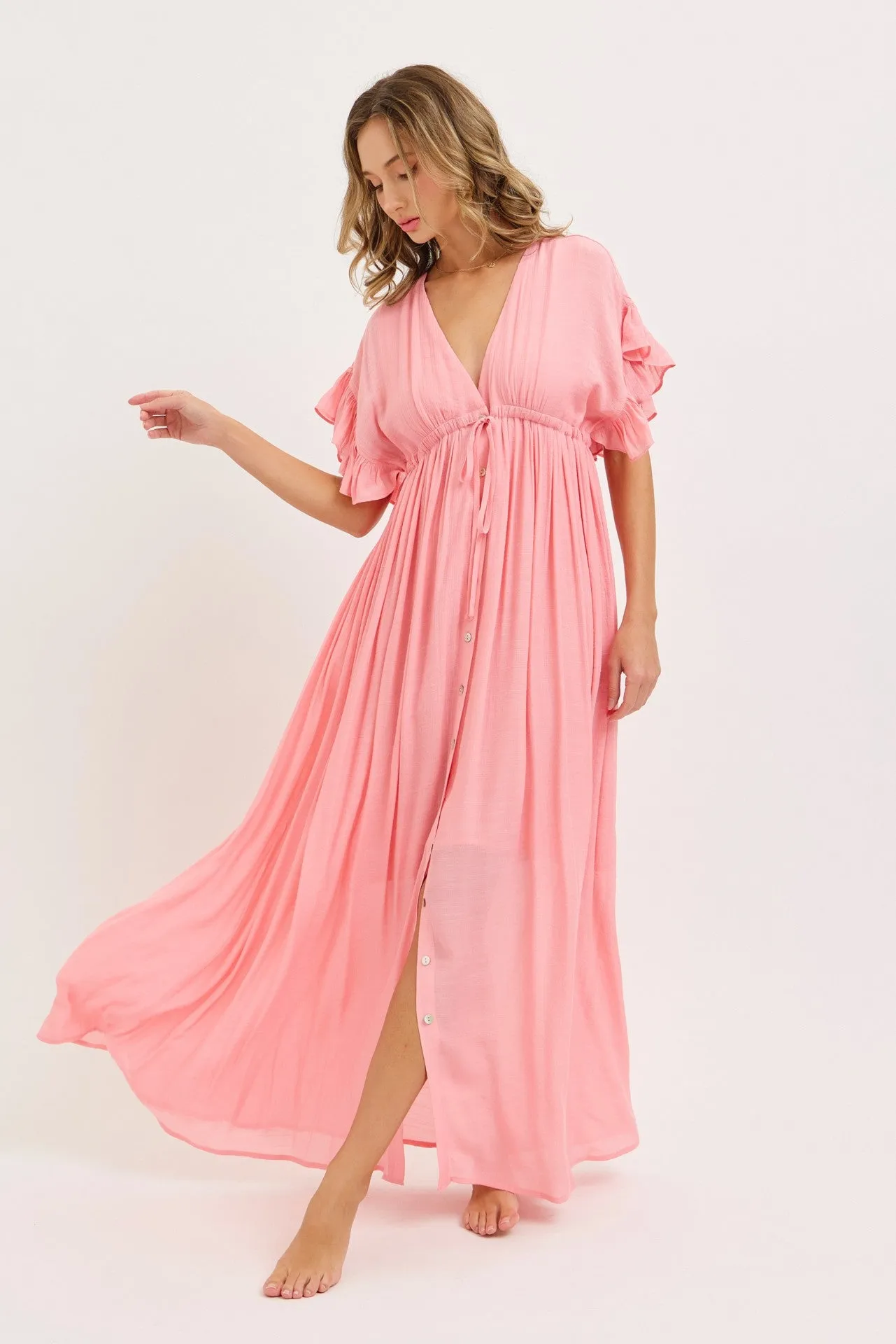 Pink Button Down Deep V-Neck Maxi Dress sold by Pinkblush