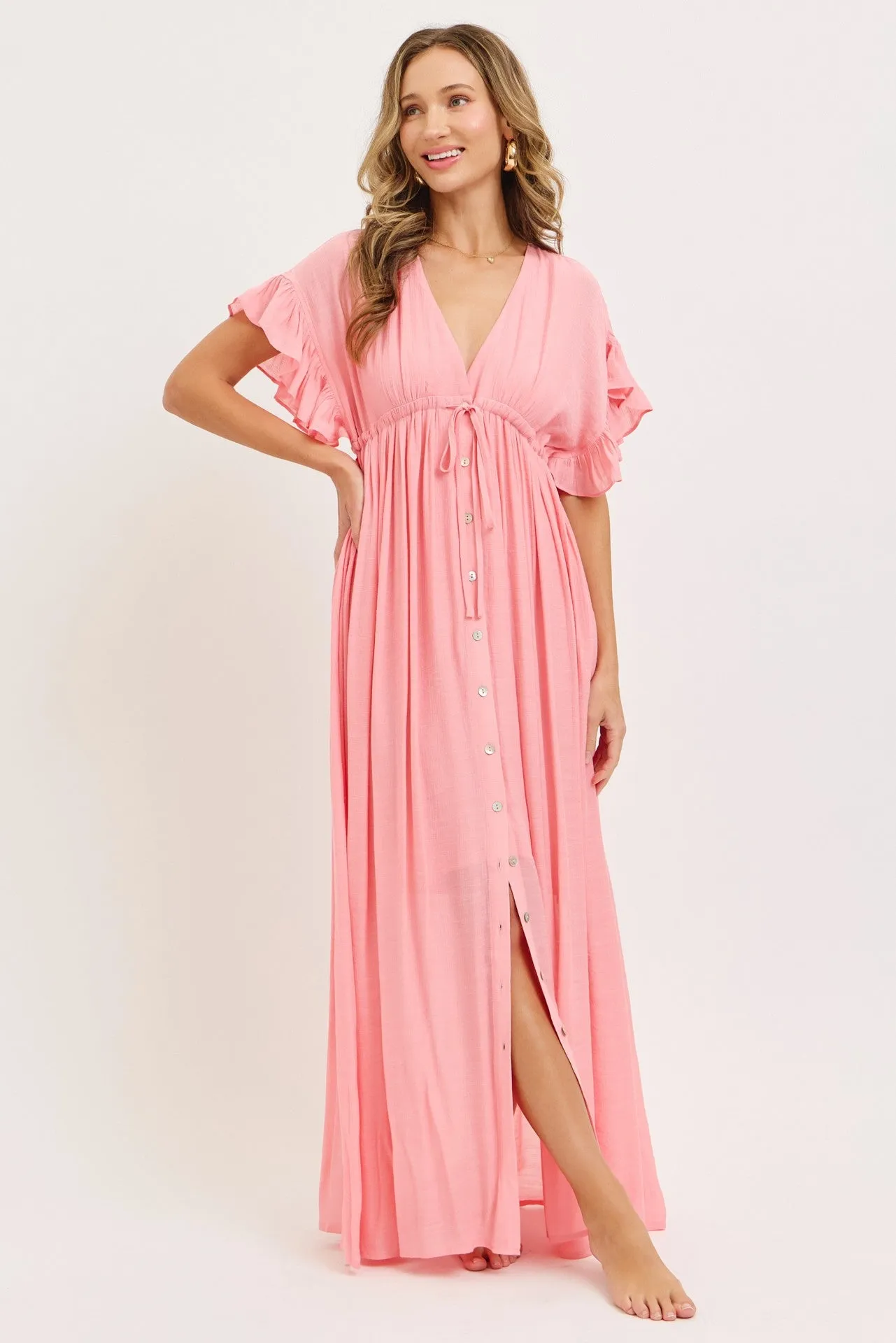 Pink Button Down Deep V-Neck Maxi Dress sold by Pinkblush product image thumbnail 2