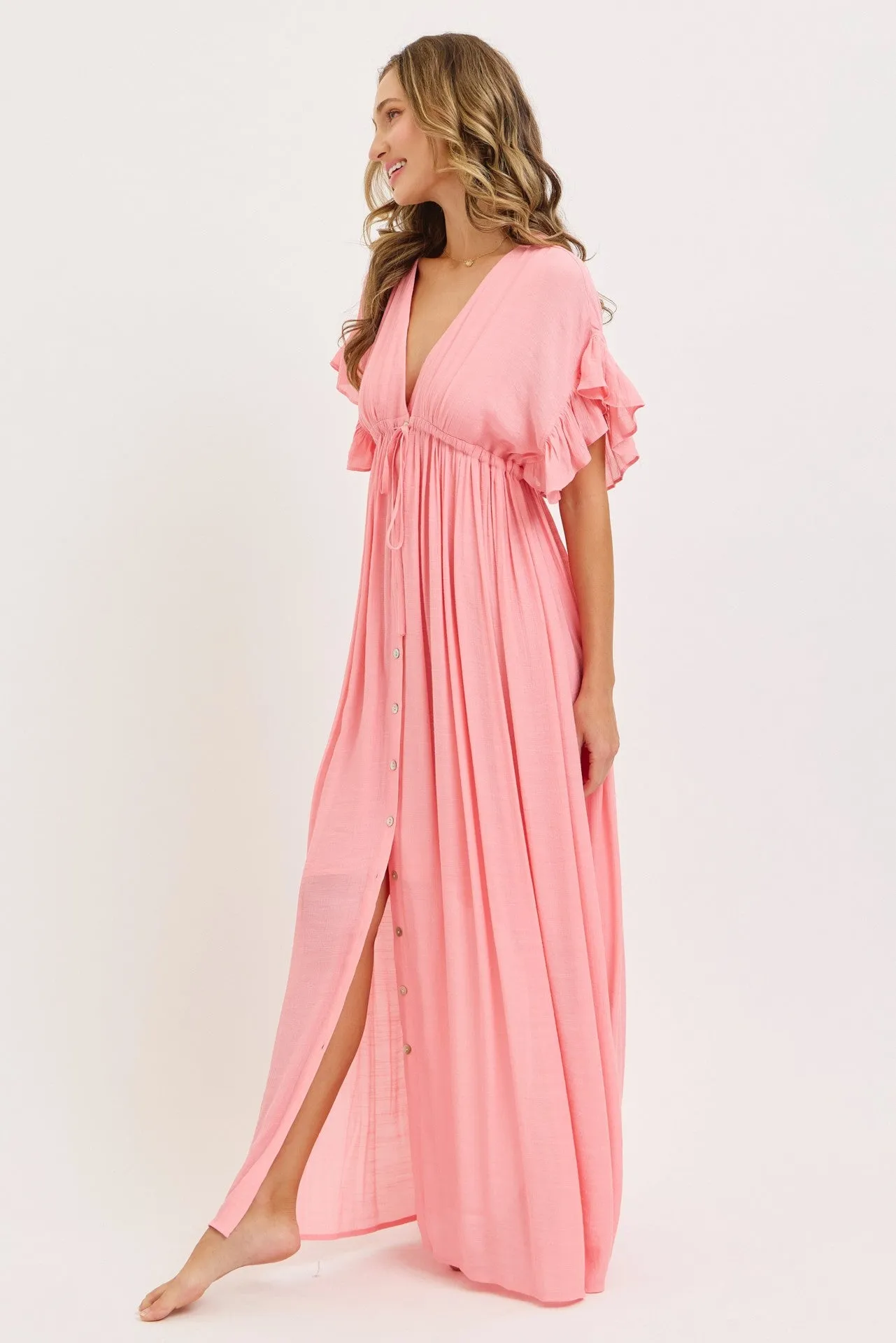 Pink Button Down Deep V-Neck Maxi Dress sold by Pinkblush product image thumbnail 3