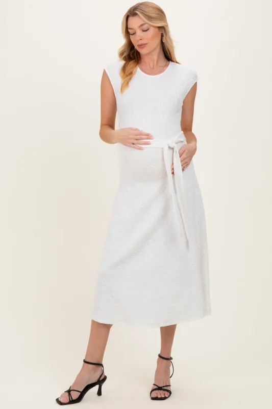 White Jacquard Waist Tie Maternity Midi Dress made by Klesis