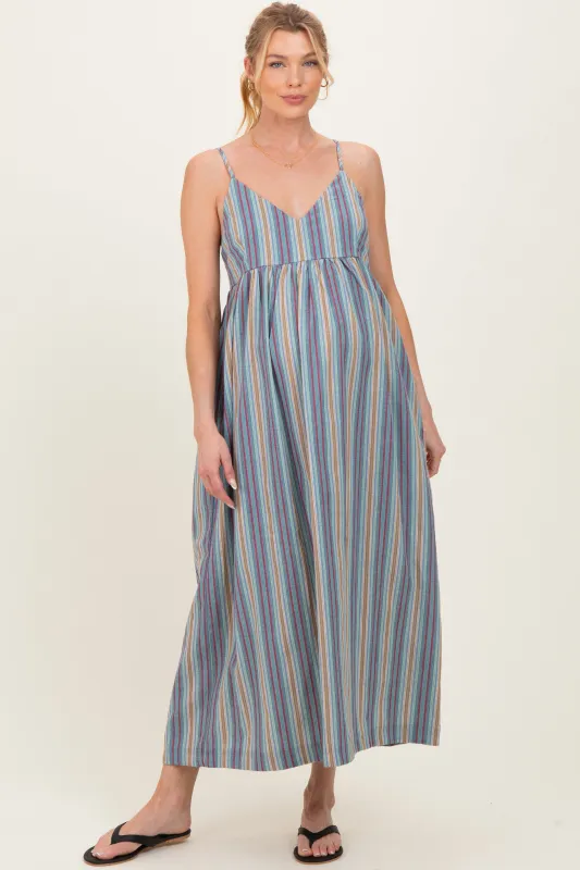 Multicolor Striped Sleeveless Maternity Maxi Dress made by Olivaceous