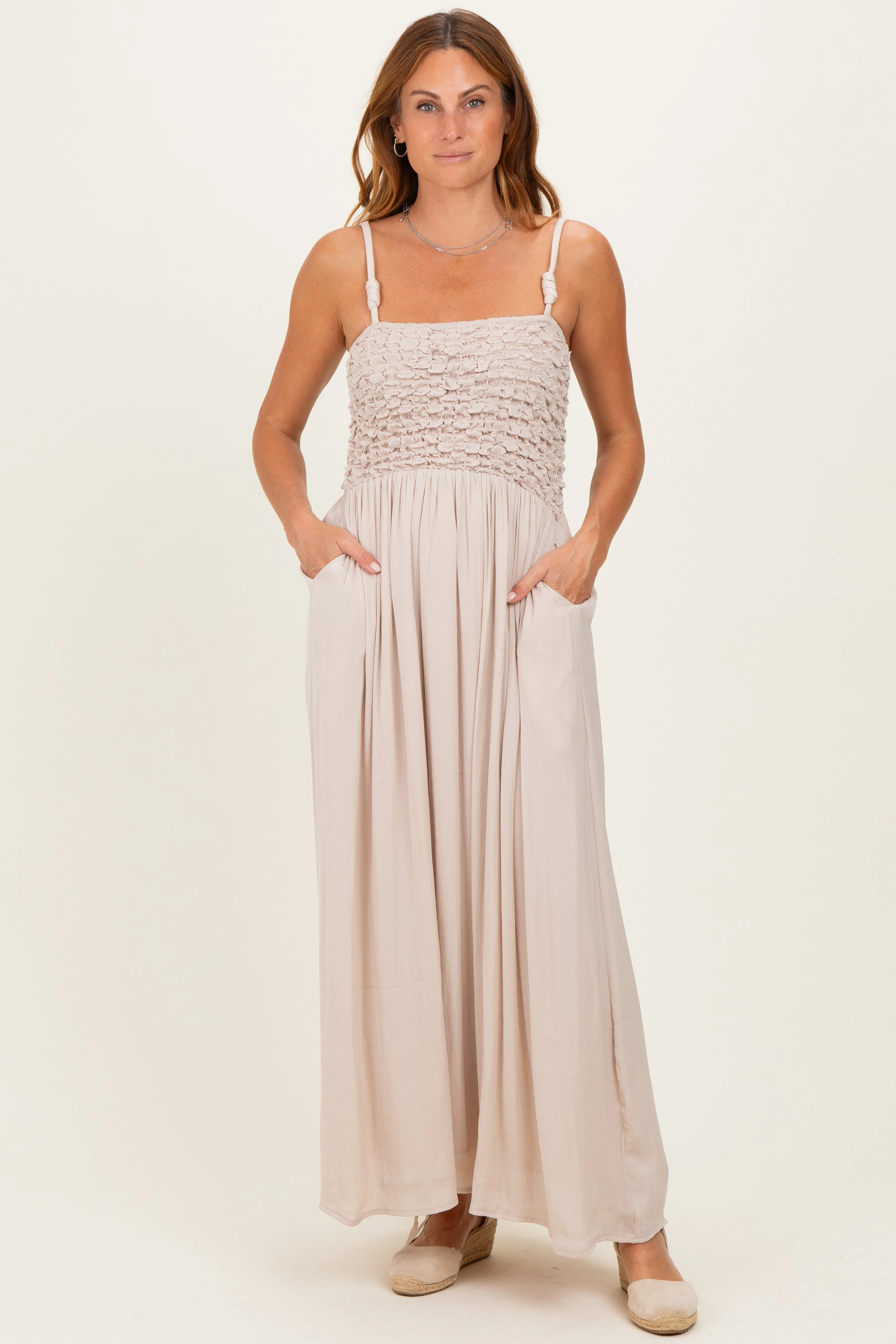 Beige Textured Smocked Maxi Dress sold by Pinkblush