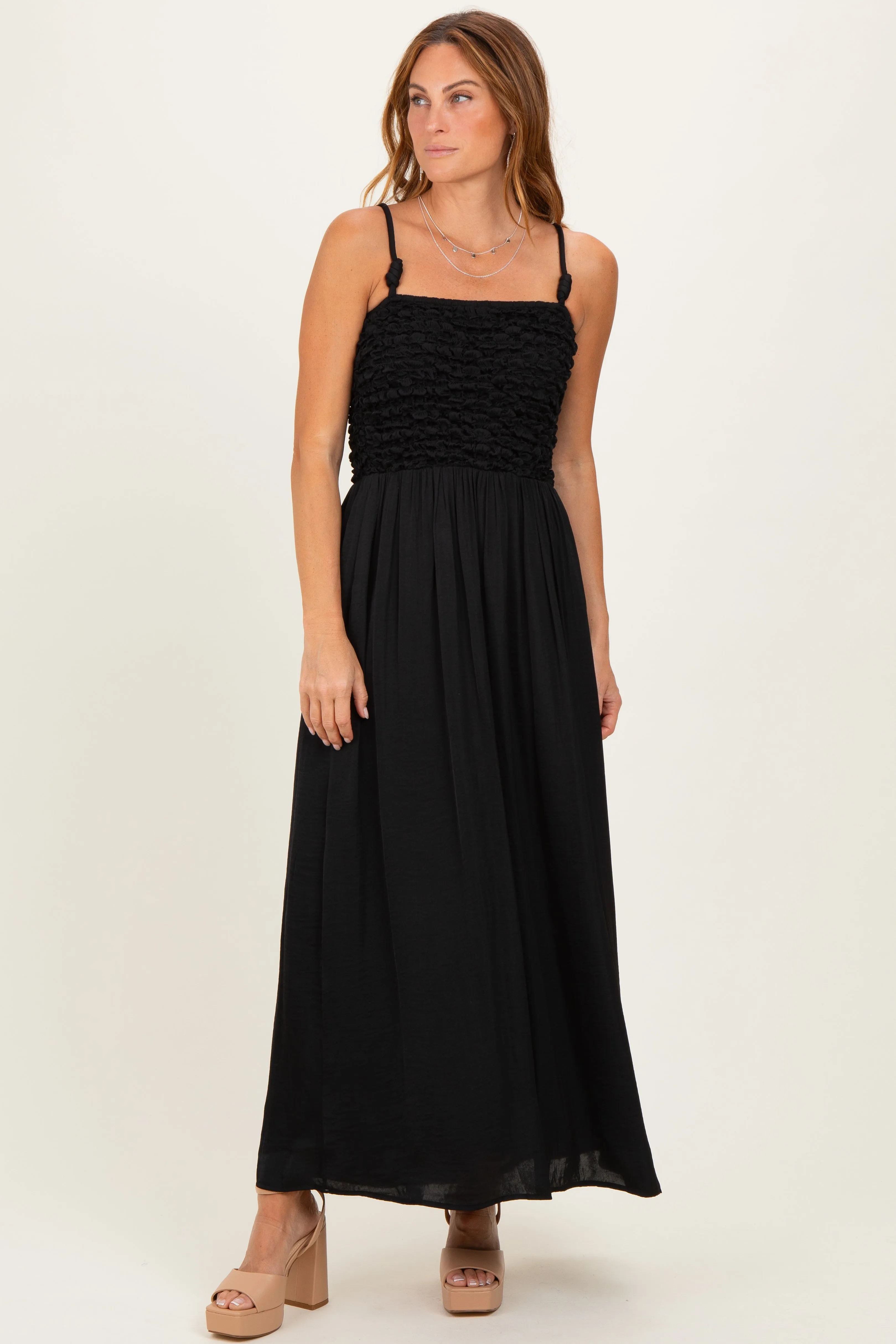 Black Textured Smocked Maxi Dress sold by Pinkblush