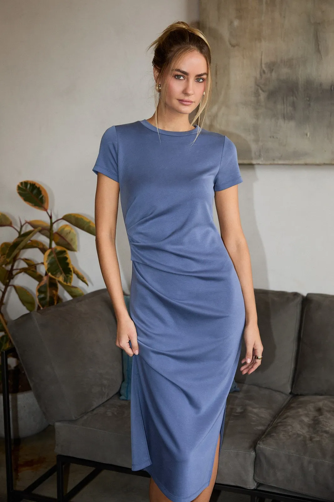 Dark Blue Gathered Waist Maternity Midi Dress sold by Pinkblush product image thumbnail 3