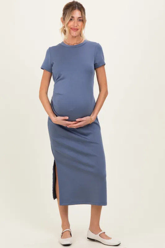 Dark Blue Gathered Waist Maternity Midi Dress made by Gilli