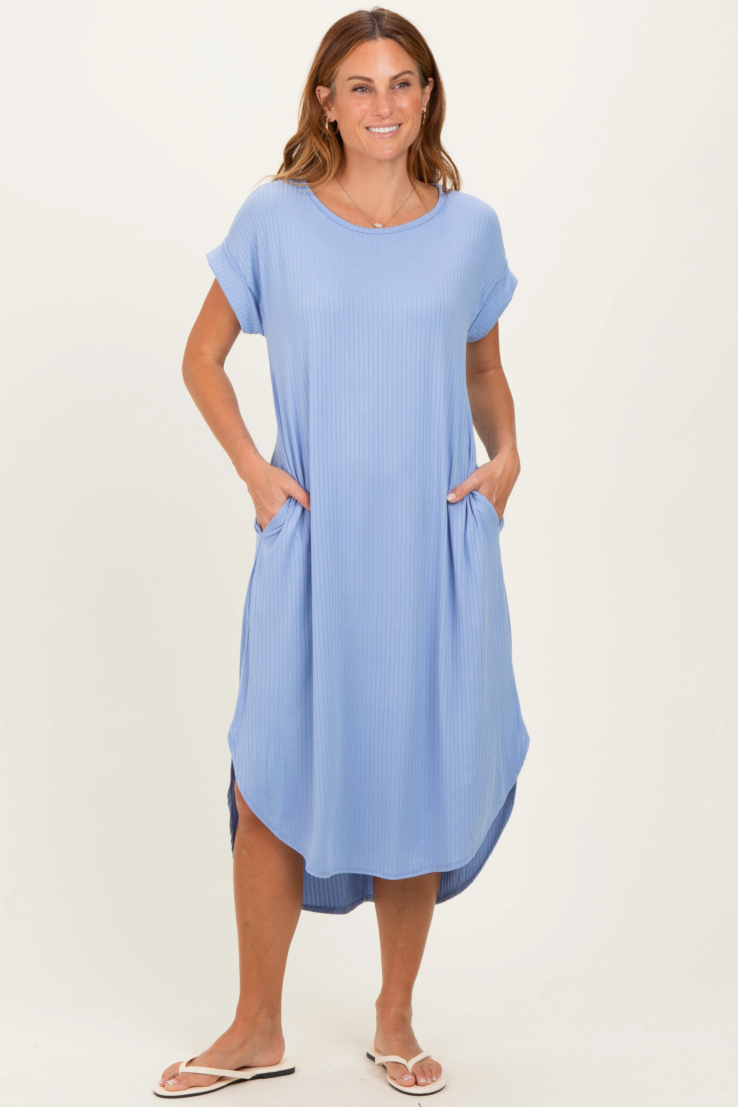 Blue Ribbed Curved Hem Midi Dress sold by Pinkblush