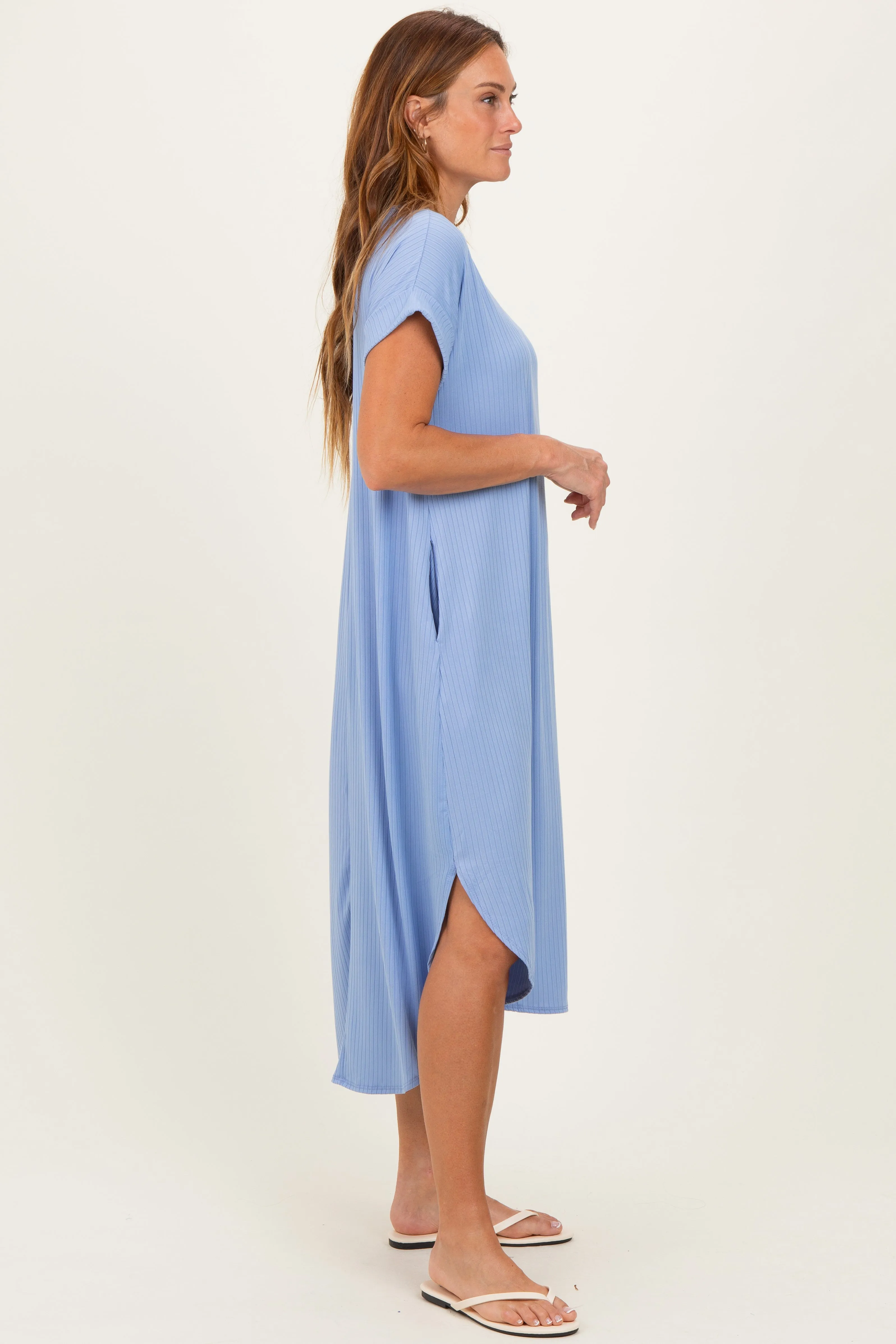 Blue Ribbed Curved Hem Midi Dress sold by Pinkblush product image thumbnail 2