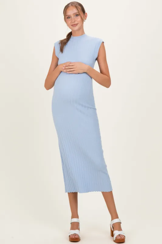 Sky Blue Ribbed Knit Mock Neck Maternity Maxi Dress made by Able