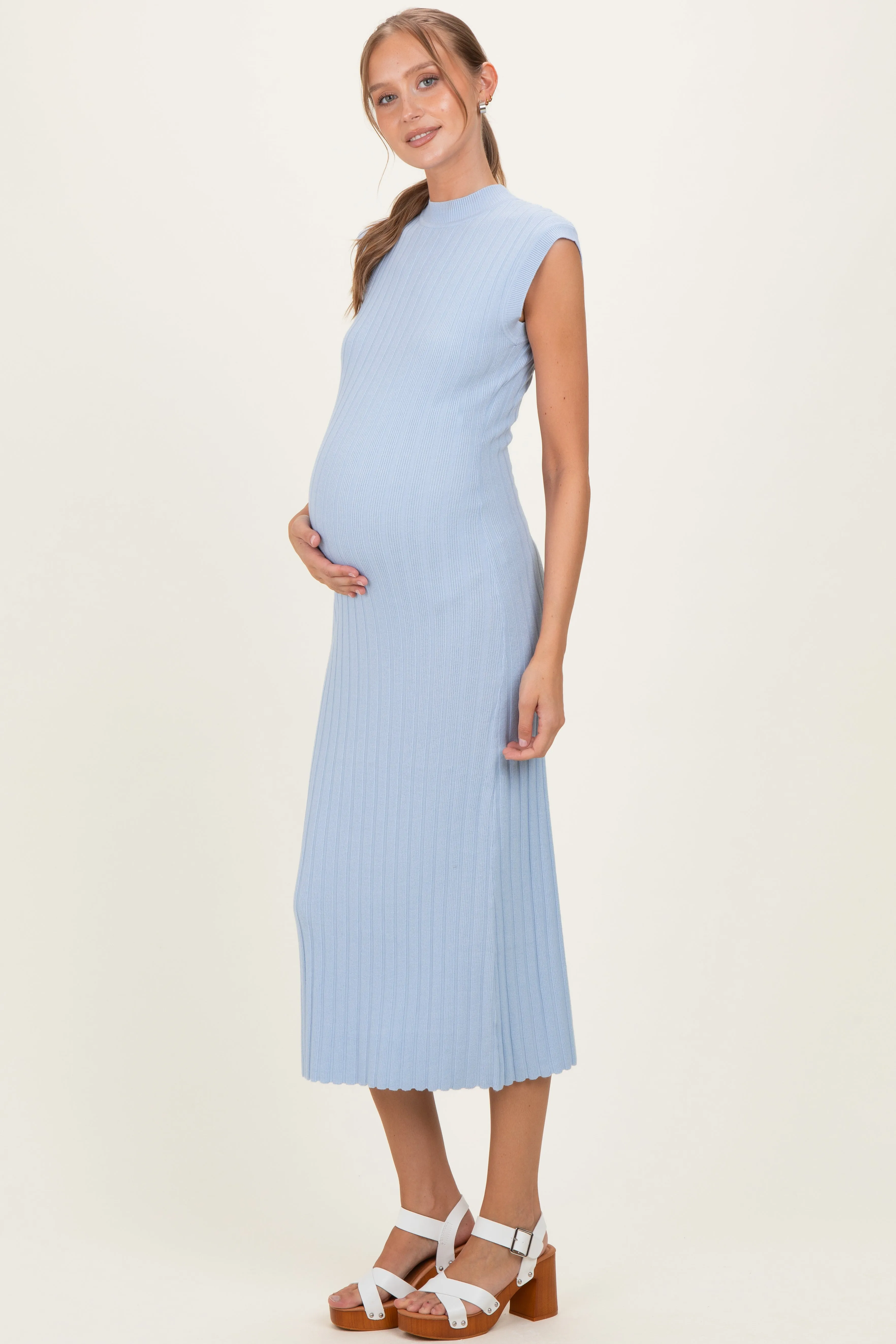 Sky Blue Ribbed Knit Mock Neck Maternity Maxi Dress sold by Pinkblush product image thumbnail 2