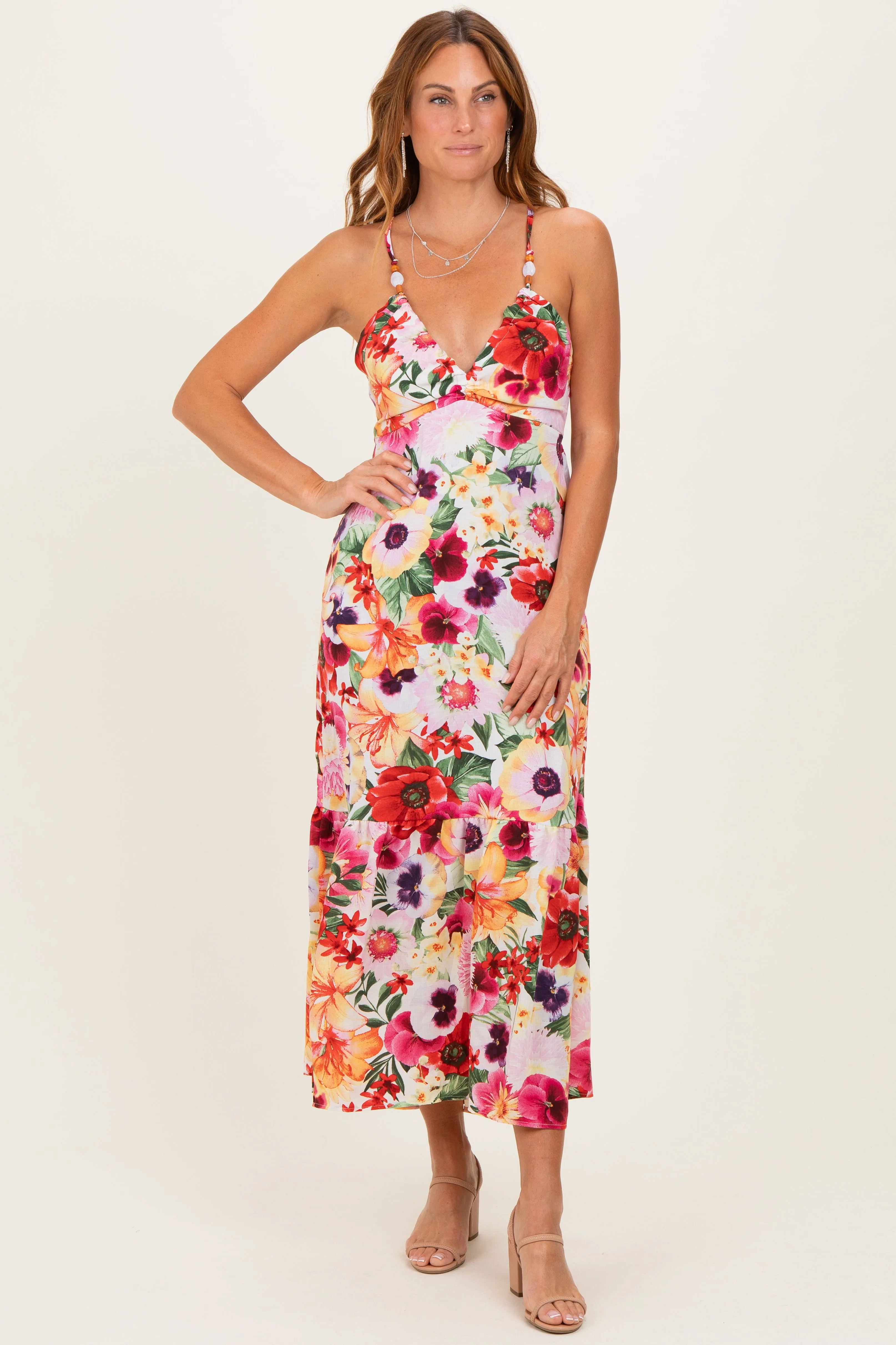 Off White Floral Crisscross Back Midi Dress sold by Pinkblush