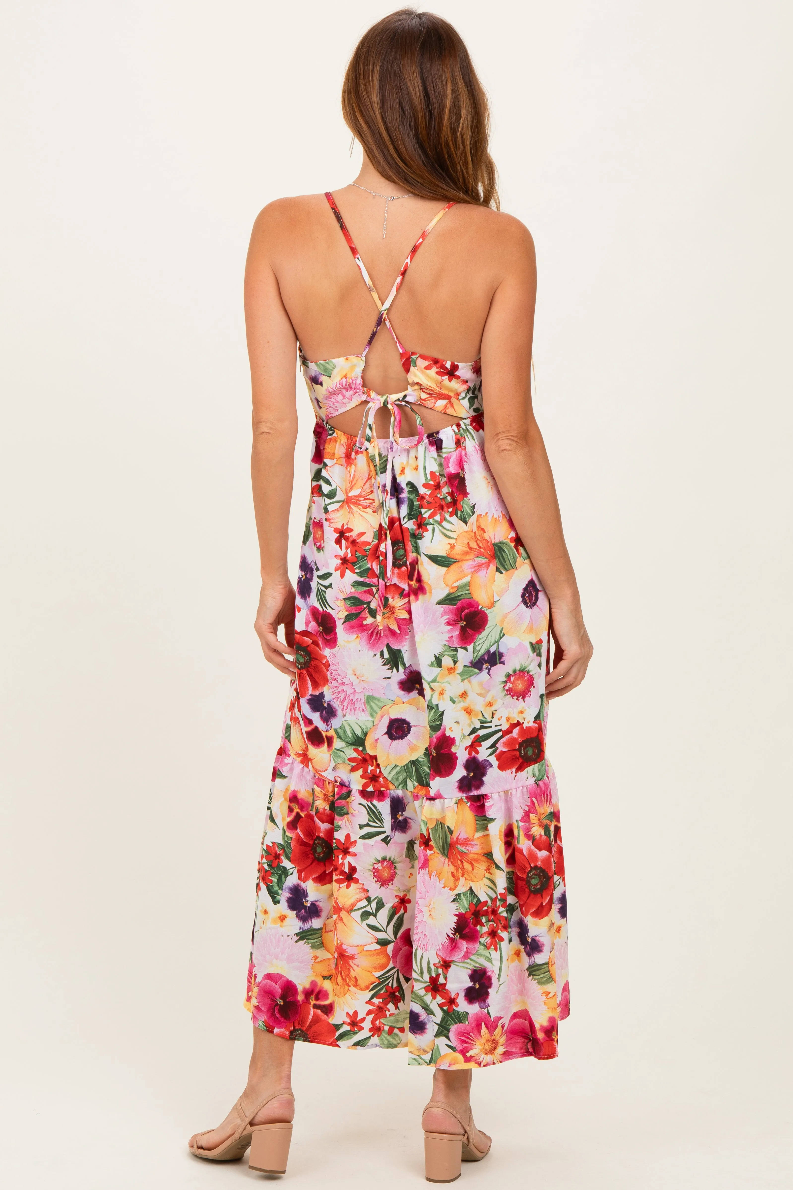 Off White Floral Crisscross Back Midi Dress sold by Pinkblush product image thumbnail 3