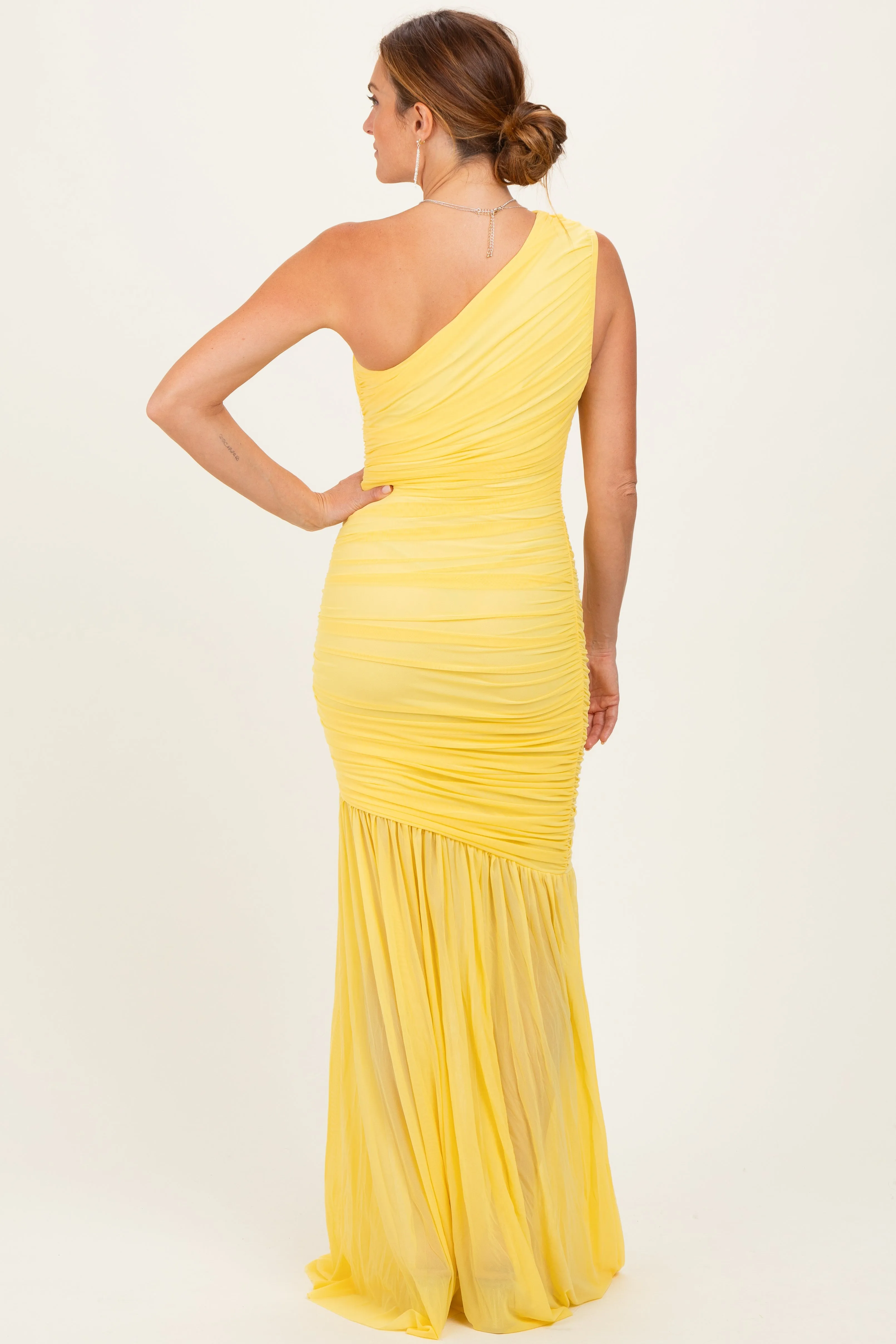 Lemon Ruched Mesh One Shoulder Maxi Dress sold by Pinkblush product image thumbnail 3