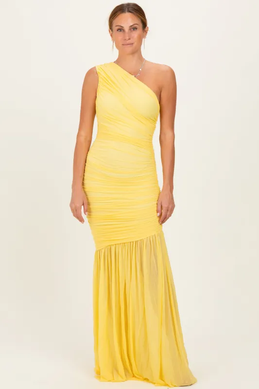 Lemon Ruched Mesh One Shoulder Maxi Dress made by cameo