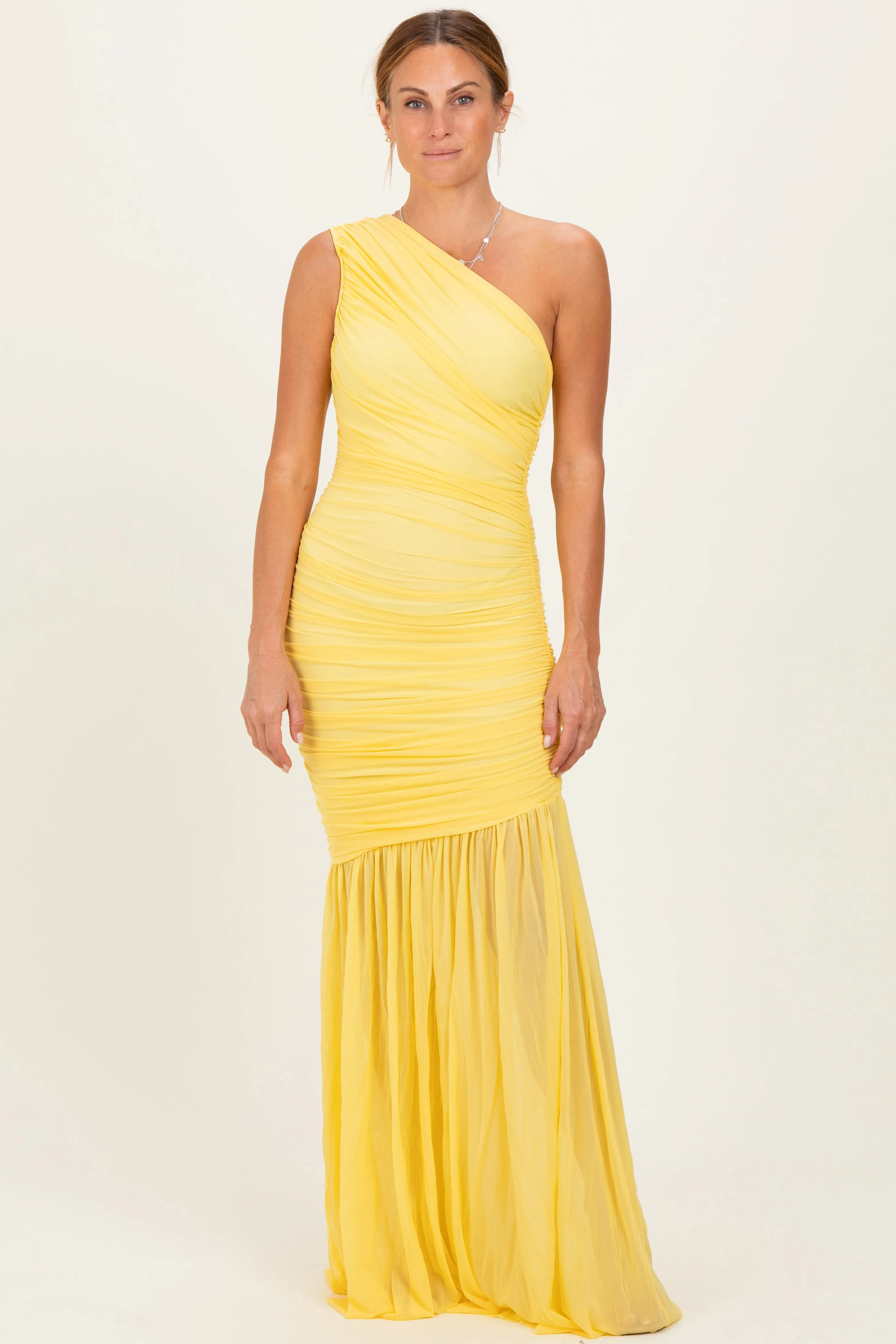 Lemon Ruched Mesh One Shoulder Maxi Dress sold by Pinkblush