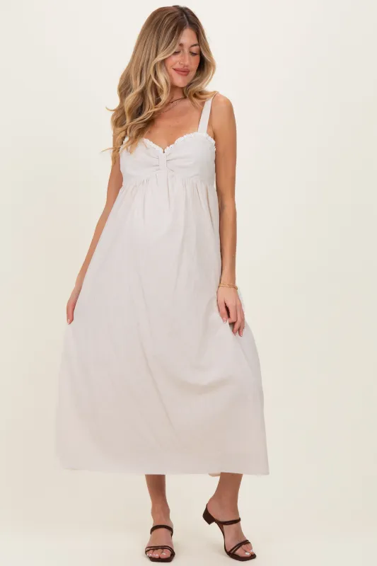 Taupe Ruffle Trim Sweetheart Neckline Maternity Midi Dress made by Wishlist