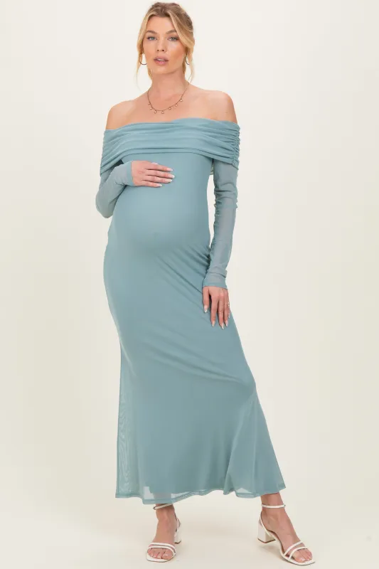 Blue Mesh Overlay Off Shoulder Long Sleeve Maternity Midi Dress made by Fore Collection