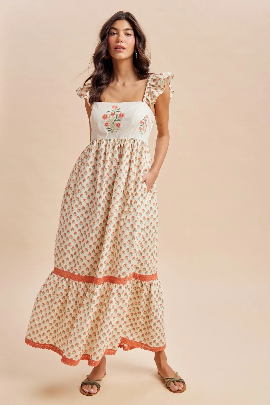 Coral Floral Embroidered Maxi Dress sold by Pinkblush