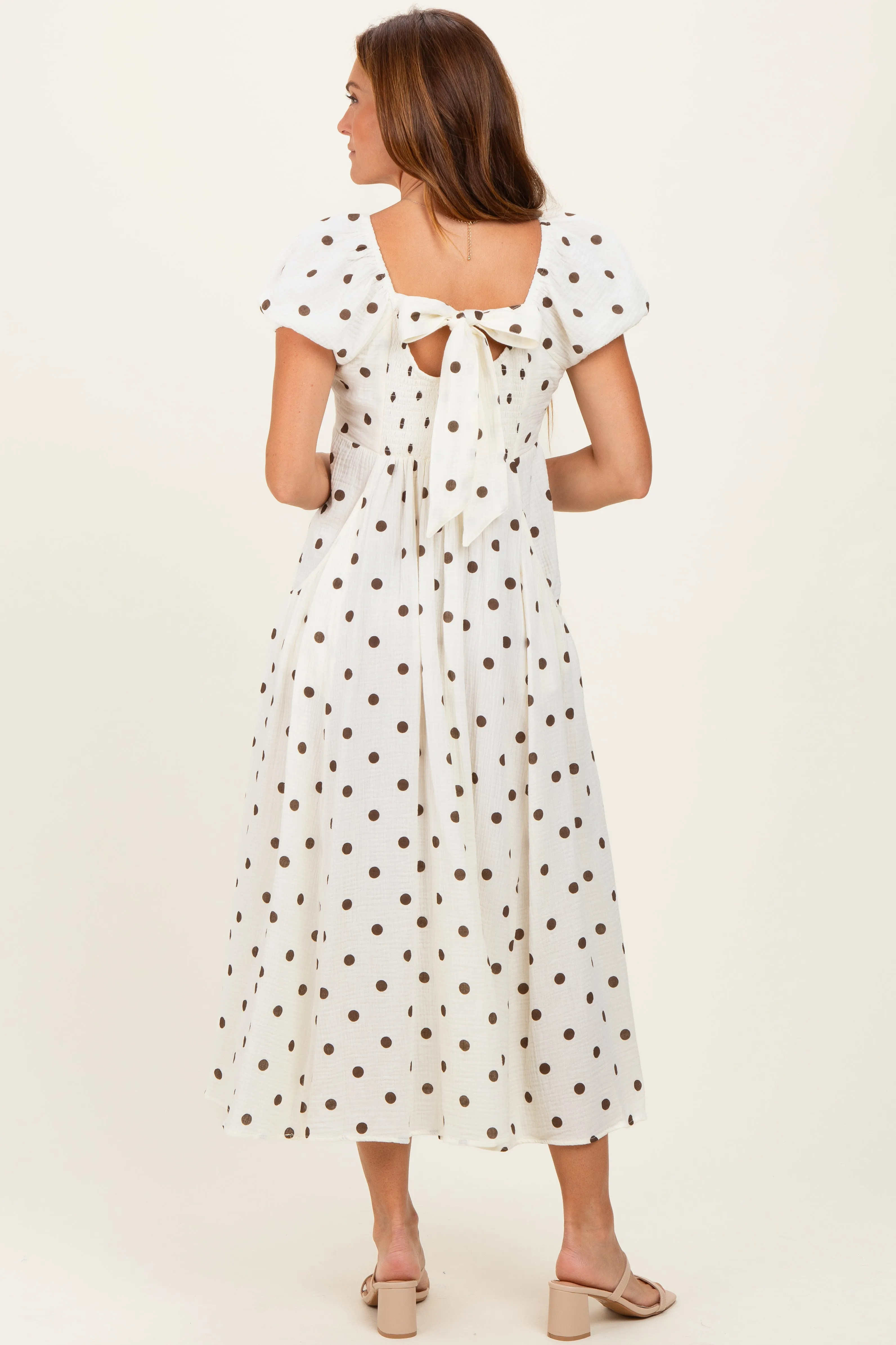 Cream Cotton Gauze Dot Print Ribbon Tie Back Midi Dress sold by Pinkblush product image thumbnail 4
