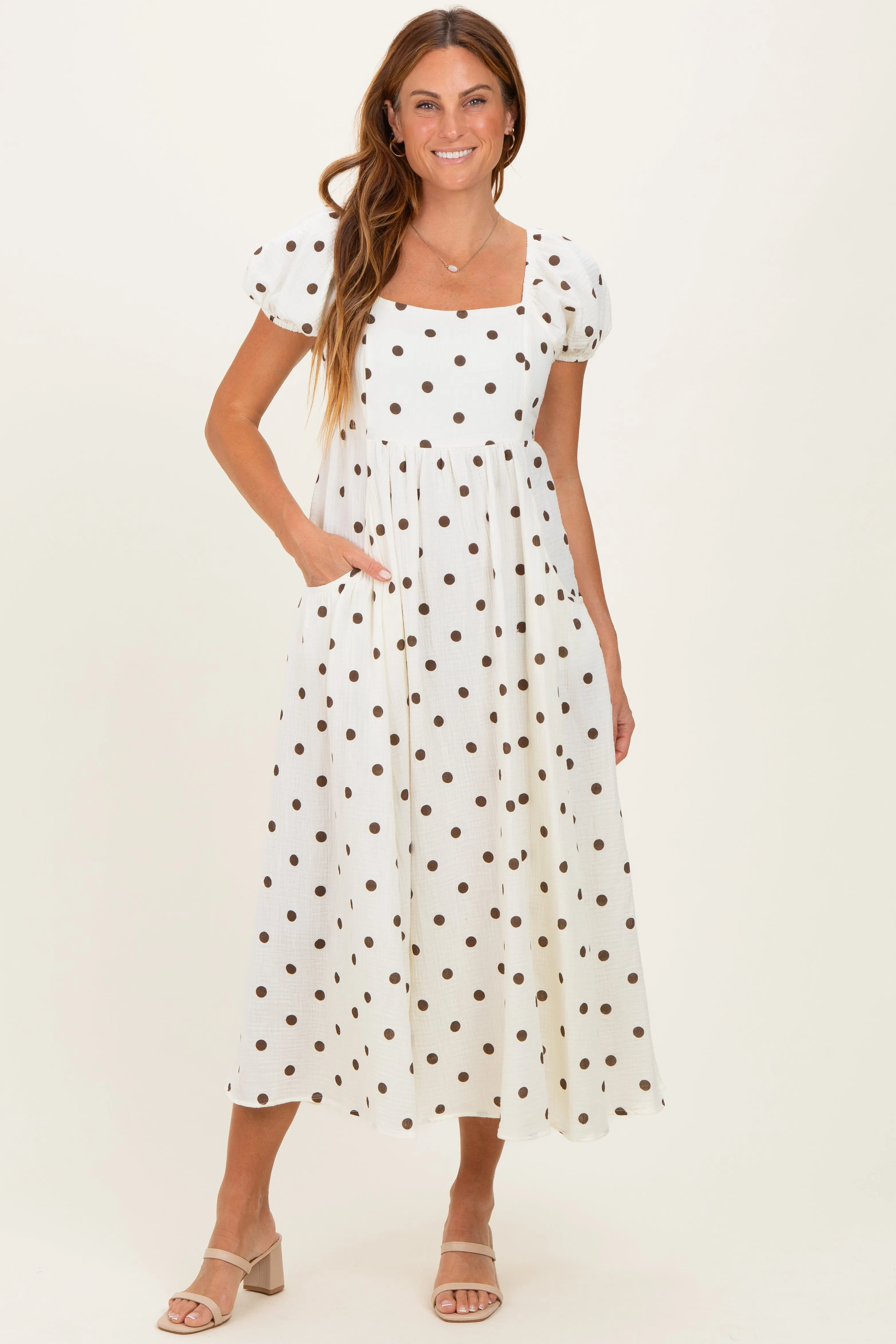 Cream Cotton Gauze Dot Print Ribbon Tie Back Midi Dress sold by Pinkblush