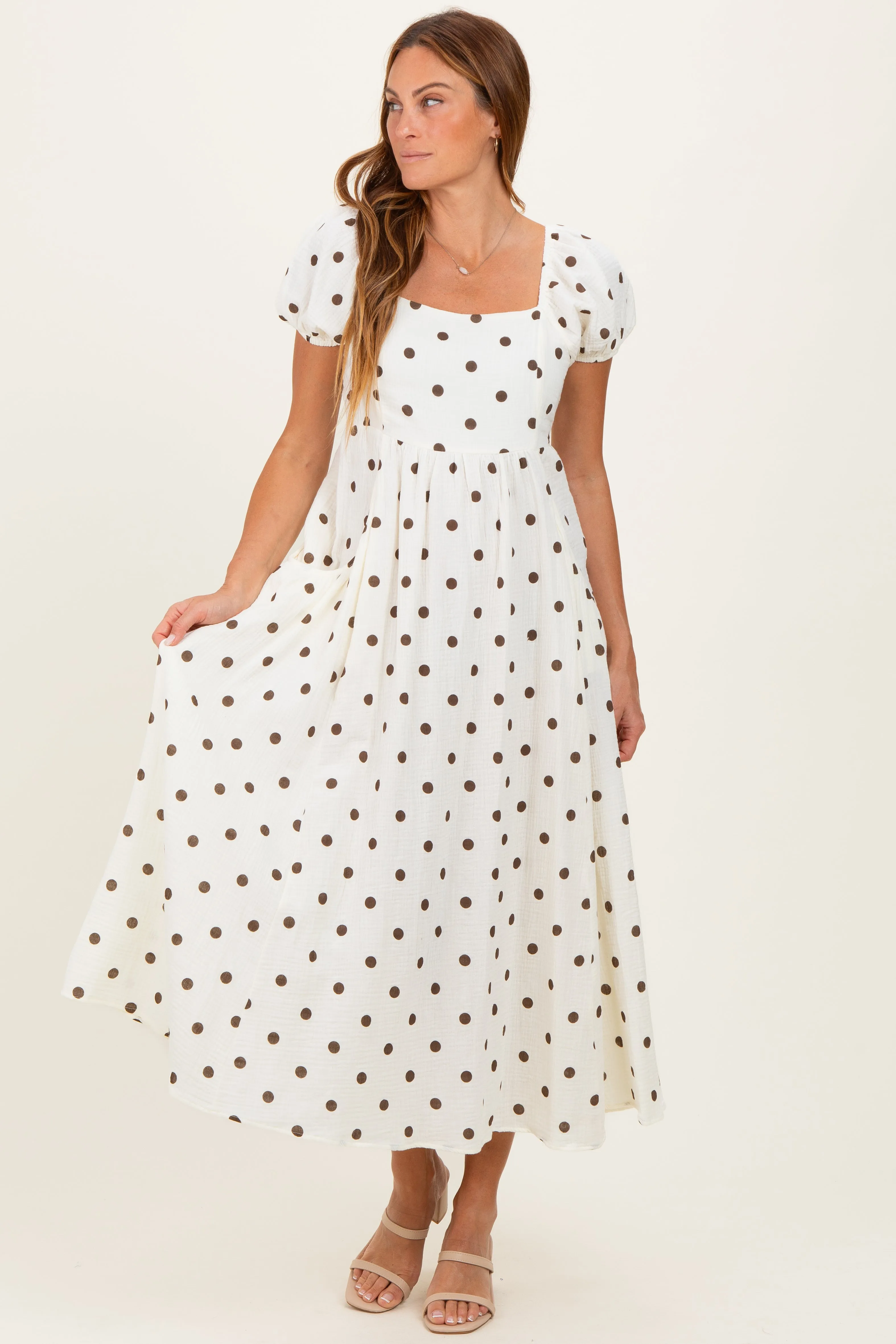 Cream Cotton Gauze Dot Print Ribbon Tie Back Midi Dress sold by Pinkblush product image thumbnail 2