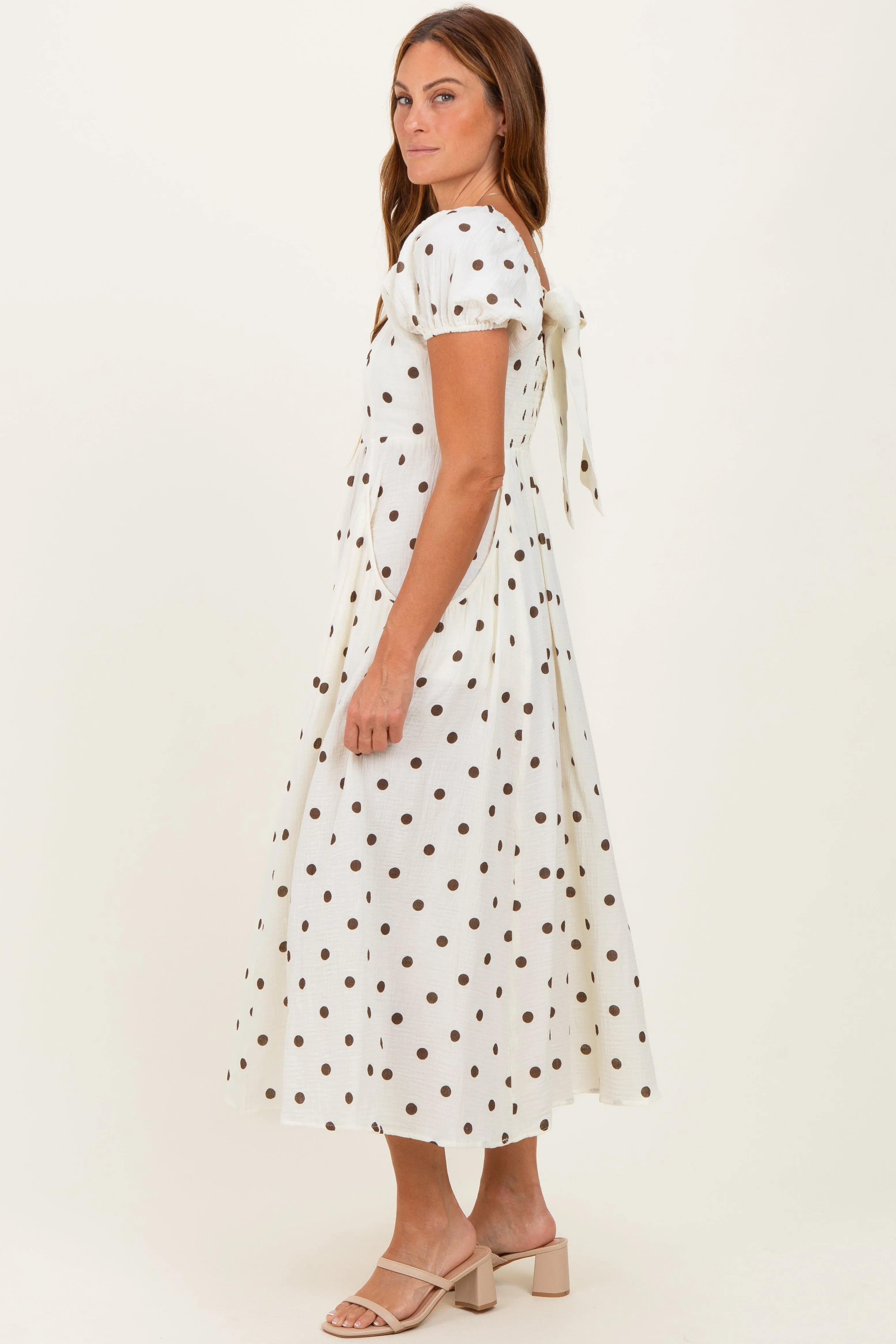 Cream Cotton Gauze Dot Print Ribbon Tie Back Midi Dress sold by Pinkblush product image thumbnail 3