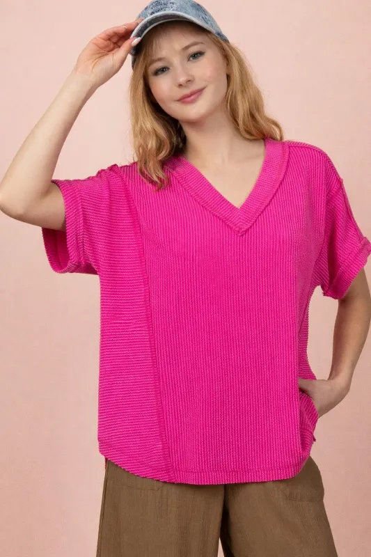 Fuchsia Ribbed Raw Hem Short Sleeve Top made by Pinkblush