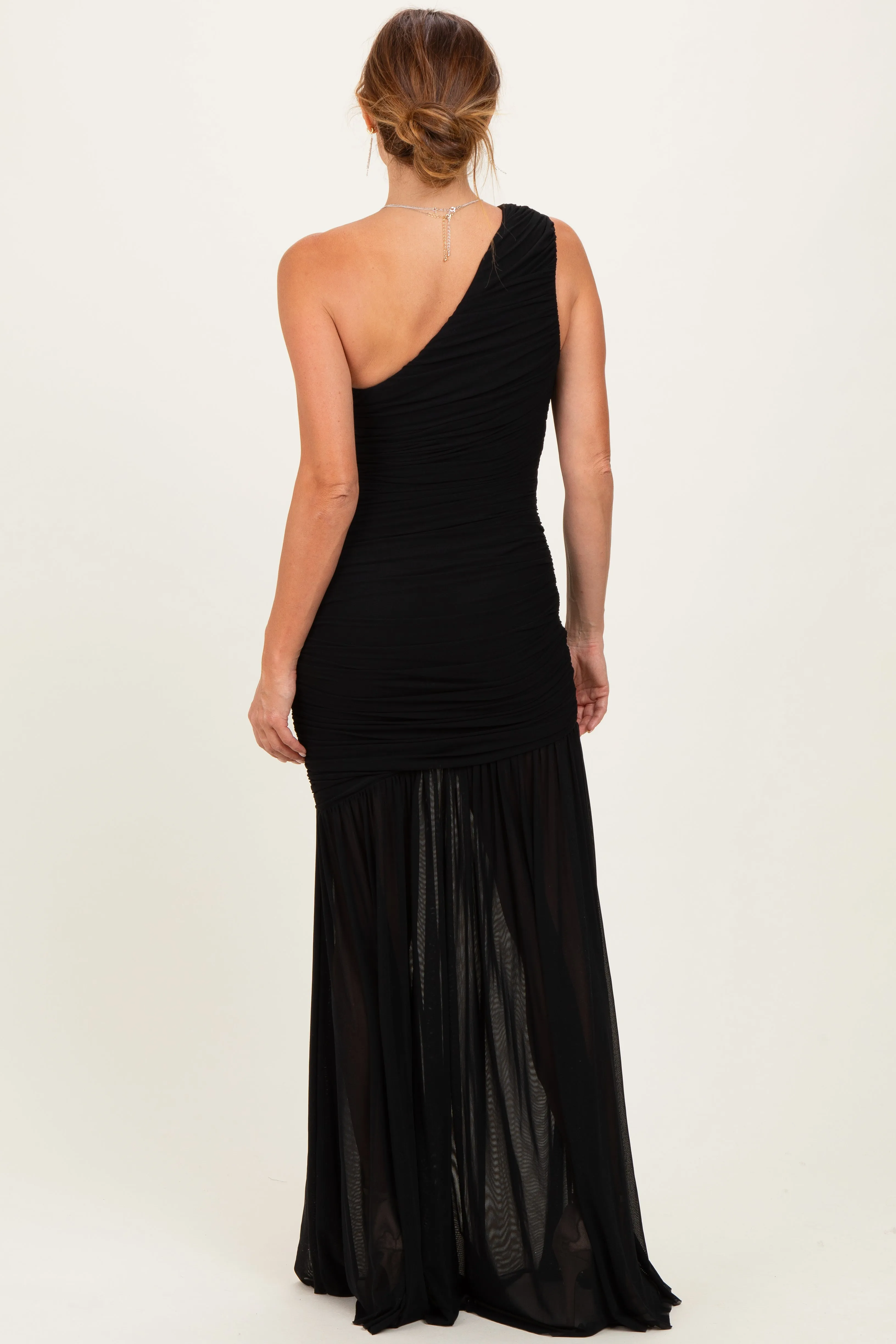 Black Ruched Mesh One Shoulder Maxi Dress sold by Pinkblush product image thumbnail 4