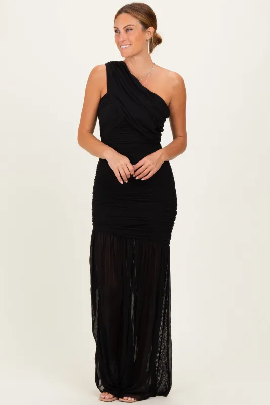 Black Ruched Mesh One Shoulder Maxi Dress made by cameo