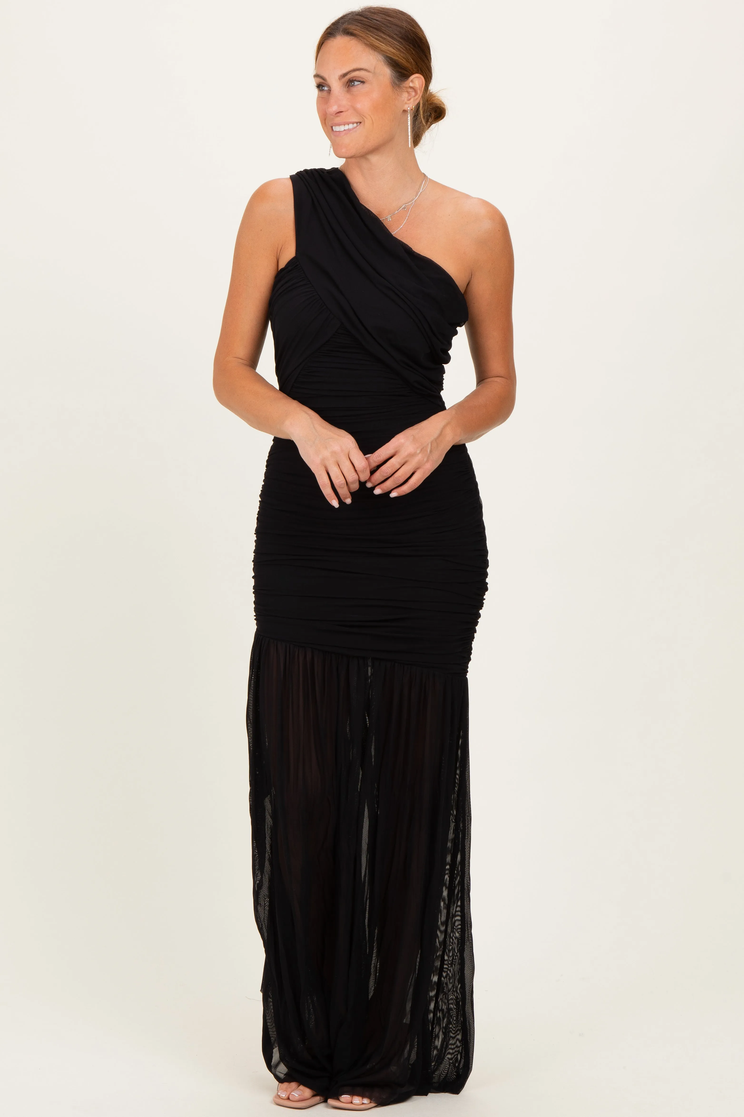 Black Ruched Mesh One Shoulder Maxi Dress sold by Pinkblush