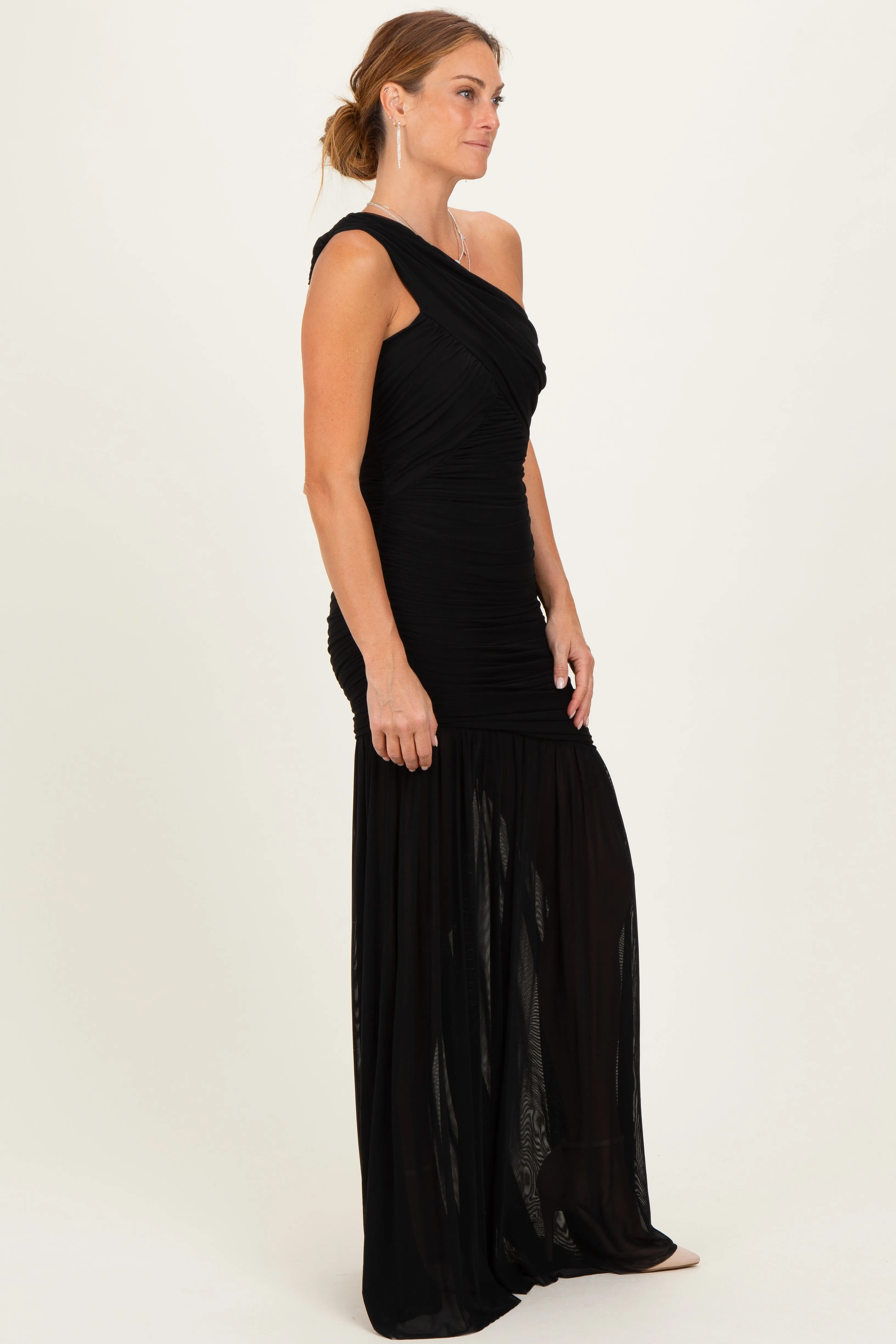 Black Ruched Mesh One Shoulder Maxi Dress sold by Pinkblush product image thumbnail 3