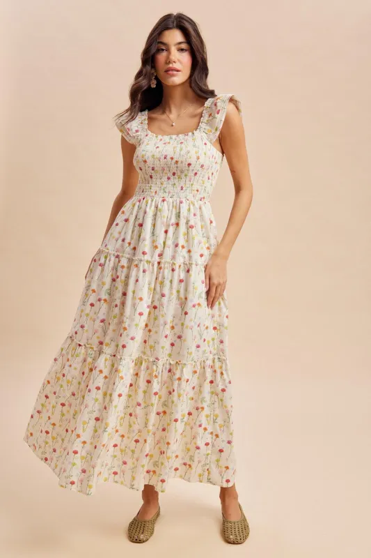 Cream Floral Smocked Maxi Dress sold by Pinkblush