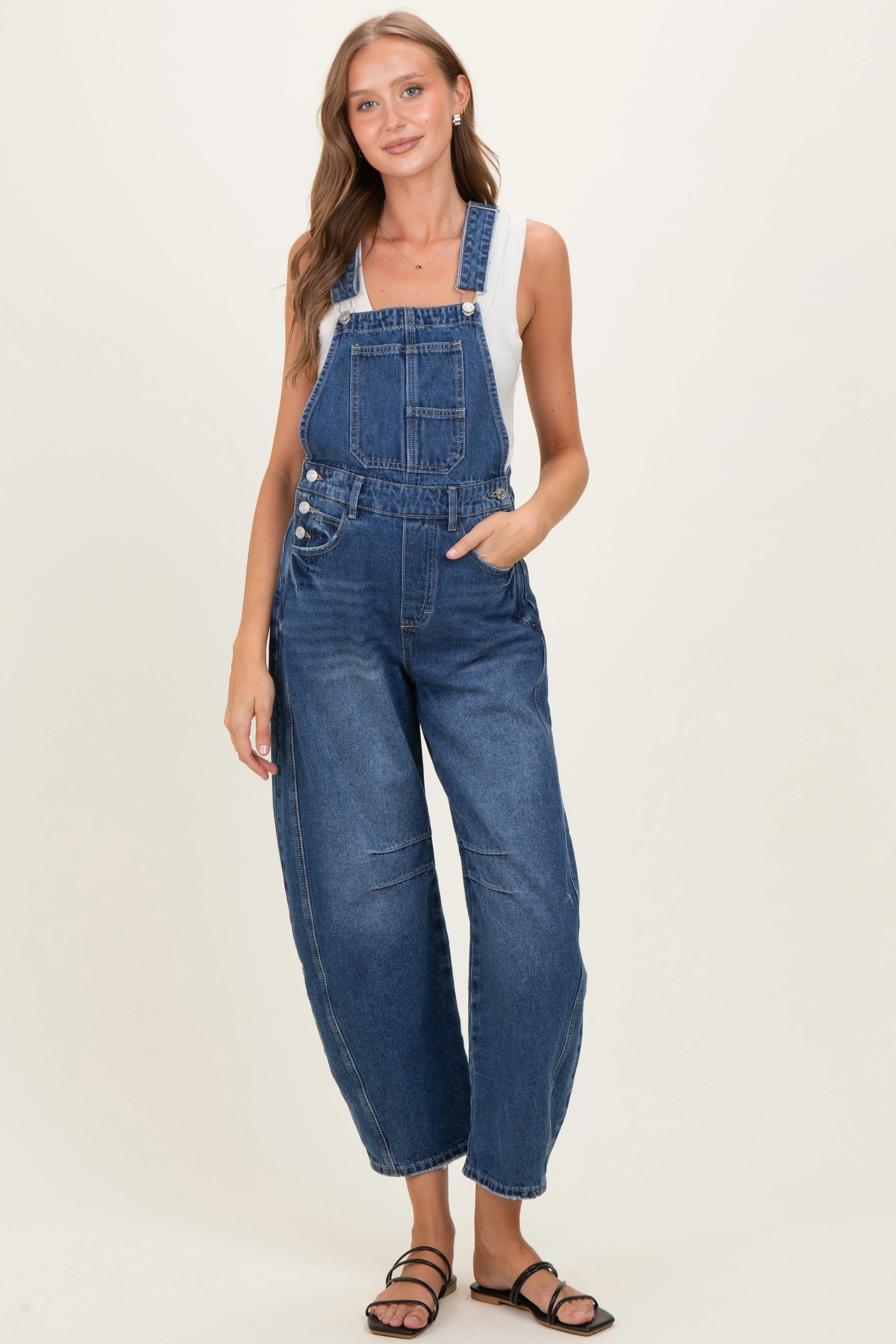 Blue Barrel Leg Maternity Denim Overalls sold by Pinkblush