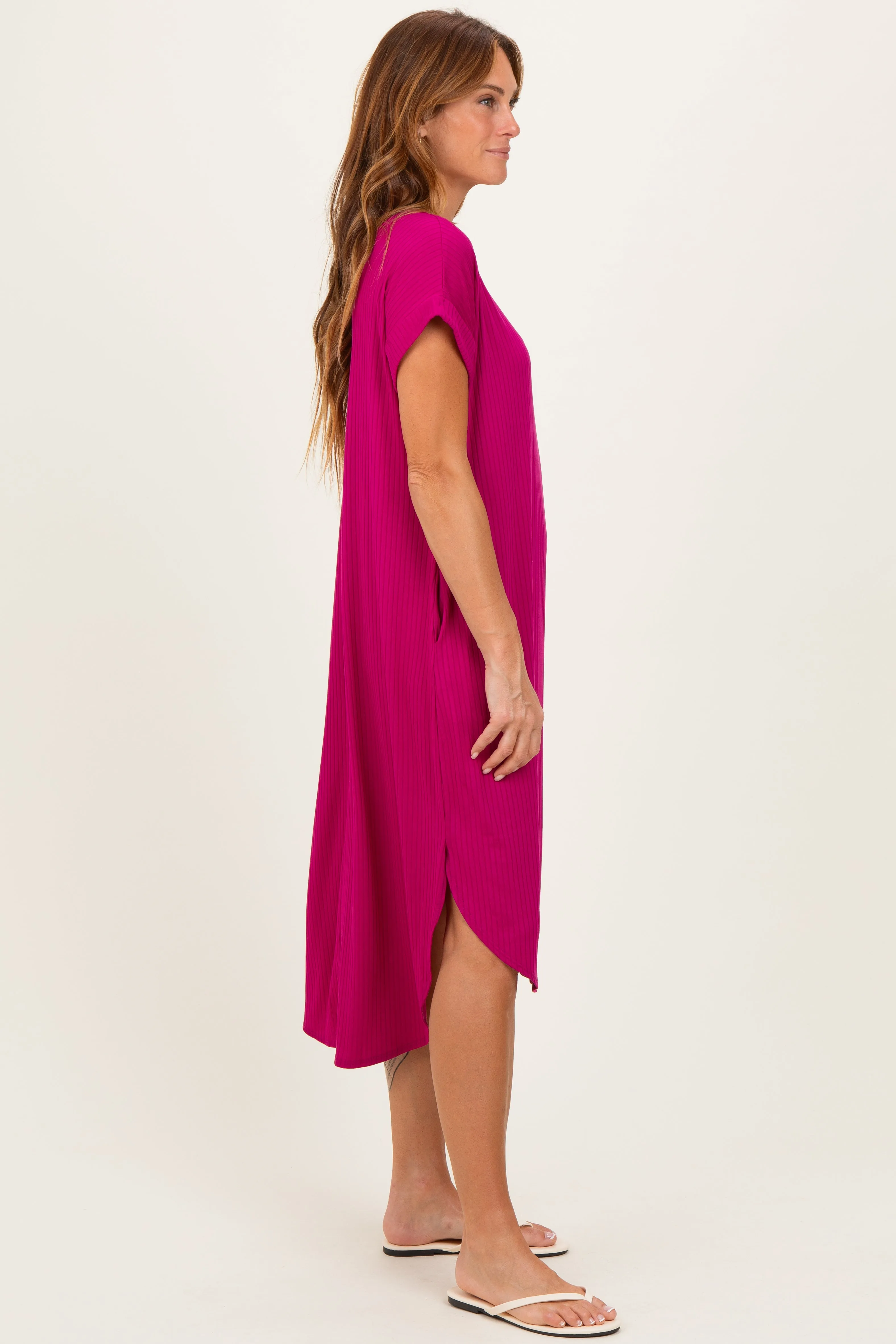 Magenta Ribbed Curved Hem Midi Dress sold by Pinkblush product image thumbnail 2